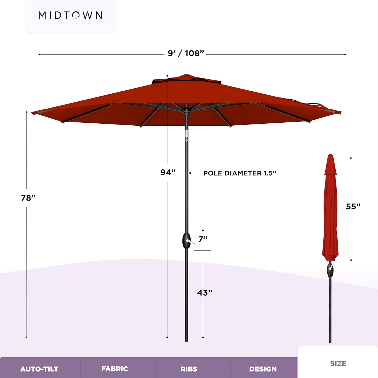 Midtown Umbrellas - 10-Year-No-Fade 9 Ft Patio Umbrella with Terylast Fabric, Auto-Tilt Aluminum Frame and 8 Reinforced Ribs for Deck, Pool, Garden & Beach - Apple Red Canopy, Black Pole - Image 6