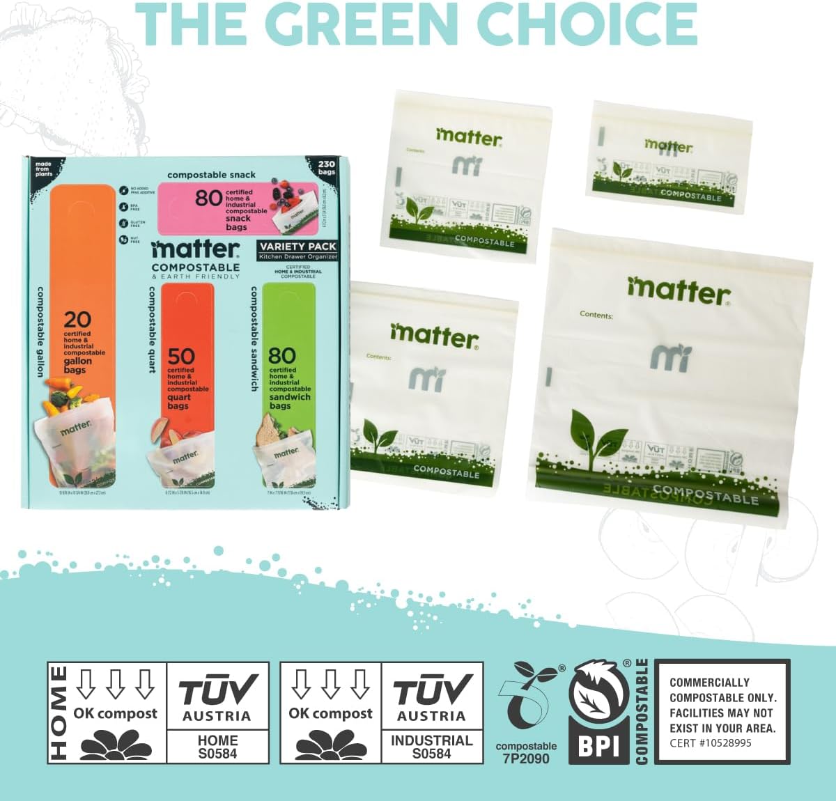 Matter Compostable Assorted Kitchen Bags, 230 Count, Biodegradable, Eco-Friendly Resealable Food Storage Variety Pack, 80 Snack, 80 Sandwich, 50 Quart & 20 Gallon - Image 6