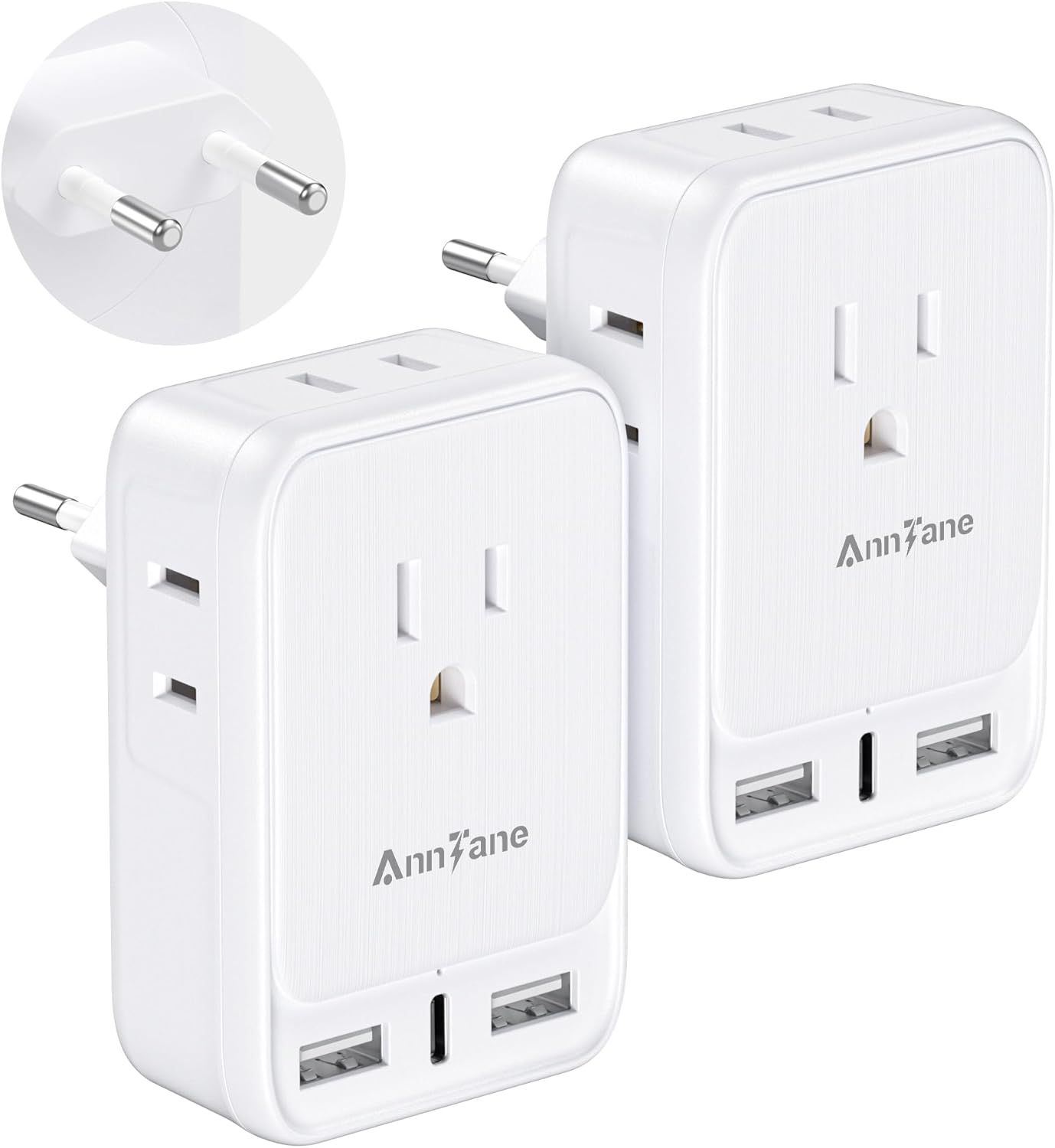 2 Pack European Travel Adapter, US to Europe Plug Adaptor with 4 Outlets 3 USB Charging Ports, Type C Power Adapter for USA to EU Euro Spain France Iceland Germany Greece, White