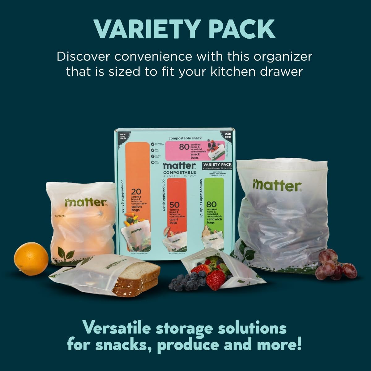 Matter Compostable Assorted Kitchen Bags, 230 Count, Biodegradable, Eco-Friendly Resealable Food Storage Variety Pack, 80 Snack, 80 Sandwich, 50 Quart & 20 Gallon - Image 2