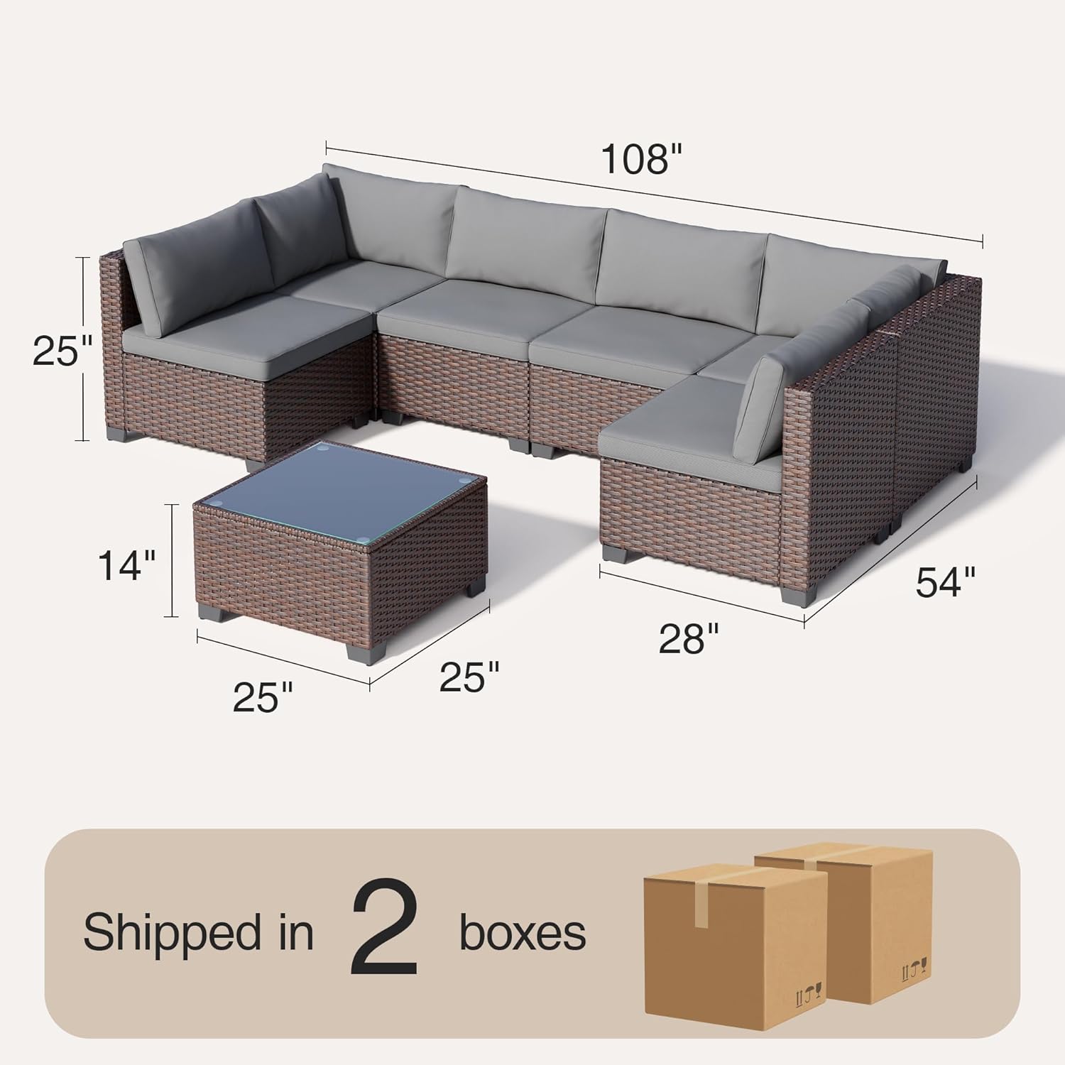 Qsun 7 Pieces Outdoor Patio Furniture Set, PE Rattan Outdoor Wicker Sectional Furniture Sofa Set, with Cushions and Glass Coffee Table, for Balcony, Porch, Garden, Grey - Image 2