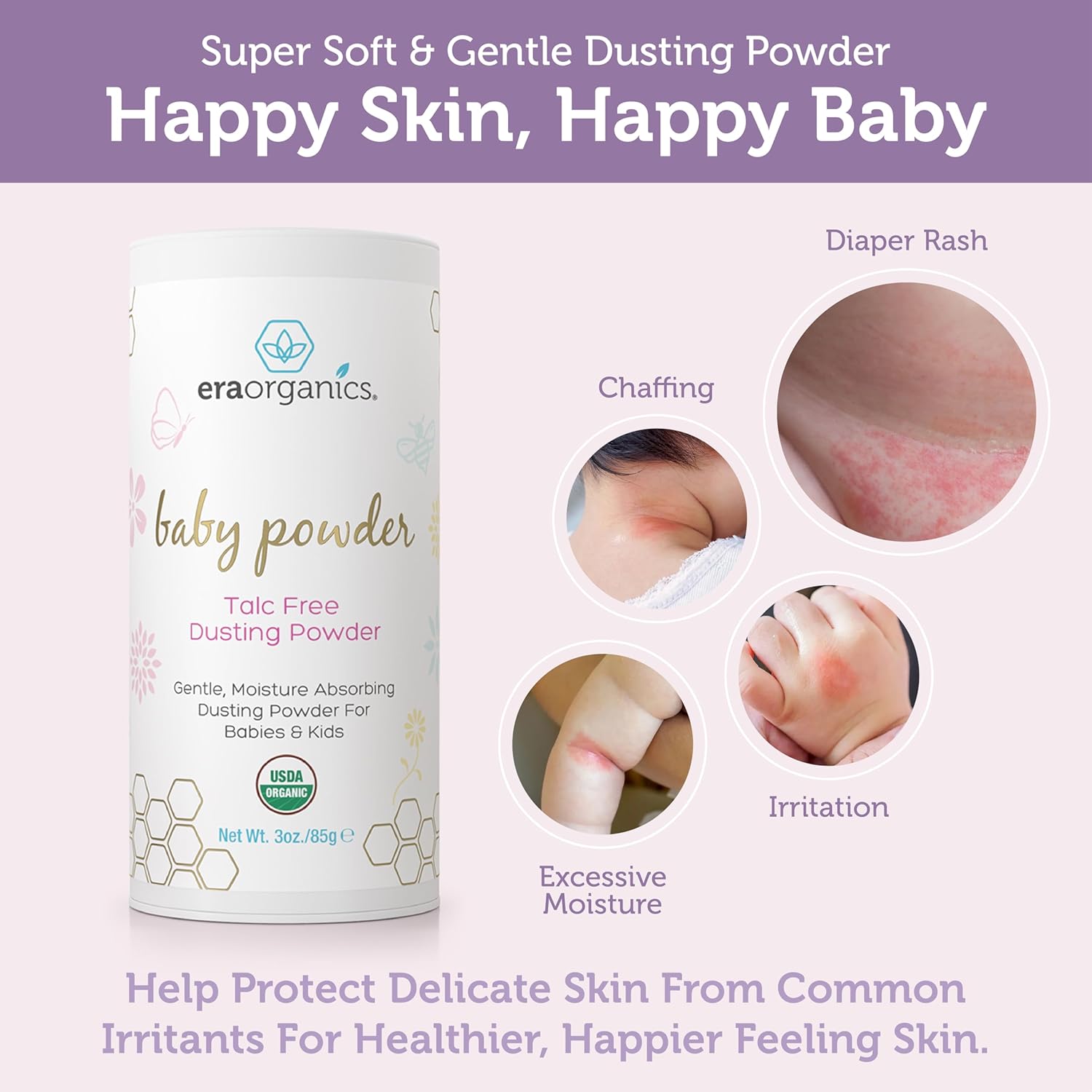 Era Organics Talc-Free Organic Baby Powder - USDA Organic Dusting Powder with Arrowroot, Calendula and Cornstarch for Newborns, Babies or Toddlers - Soothing, Fragrance Free, Made in USA (3oz/85g) - Image 5