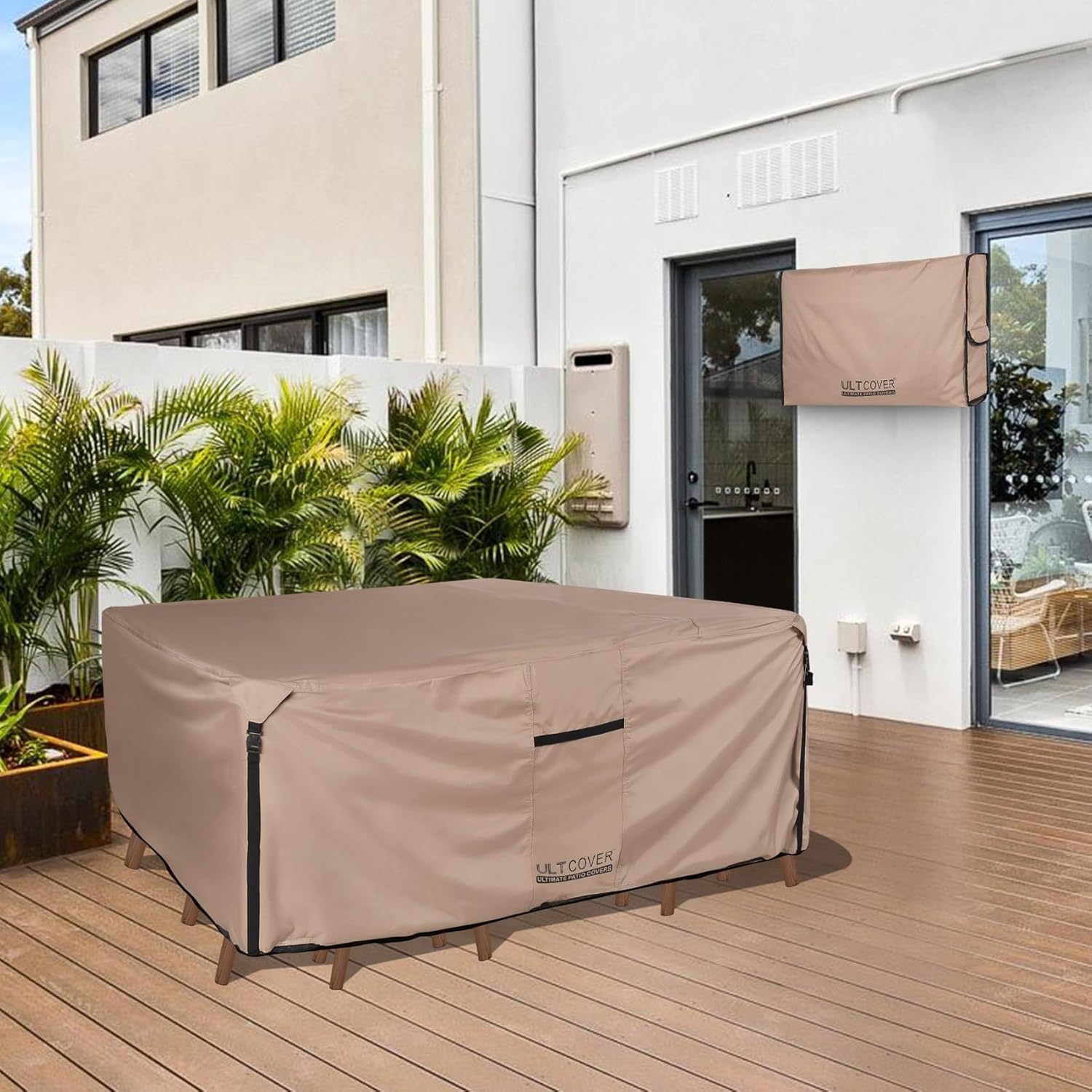 ULTCOVER Rectangular Patio Heavy Duty Table Cover - 600D Tough Canvas Waterproof Outdoor Dining Table and Chairs General Purpose Furniture Cover Size 88L x 62W x 28H inch - Image 6