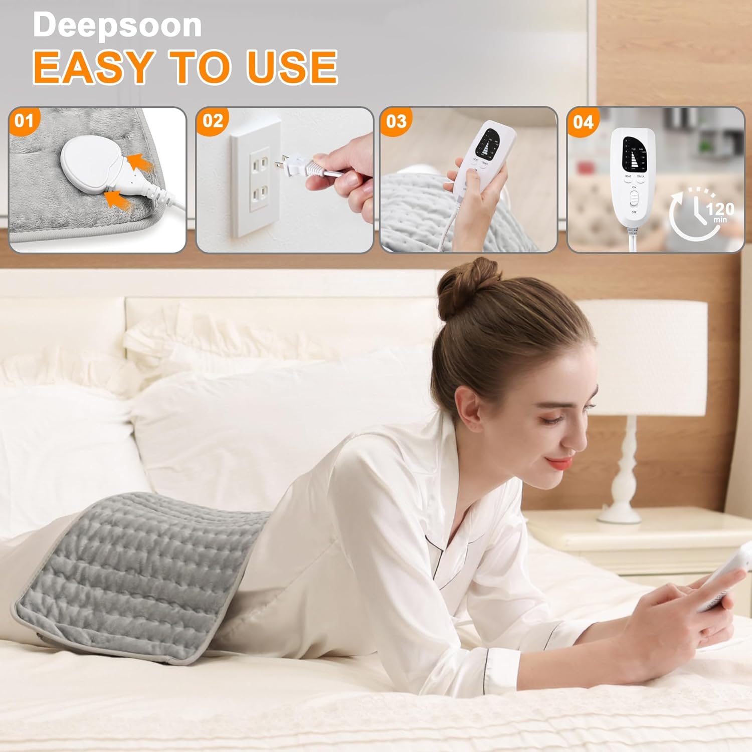 Deepsoon Heating Pad,Electric Heating Pads for Back,Neck,Moist Heating Pad for Abdomen Shoulder Knee Legs,Dry/Moist Heat&Auto Shut Off,Mother's Day Birthday for Men and Women,Light Gray,24x12 Inch - Image 3