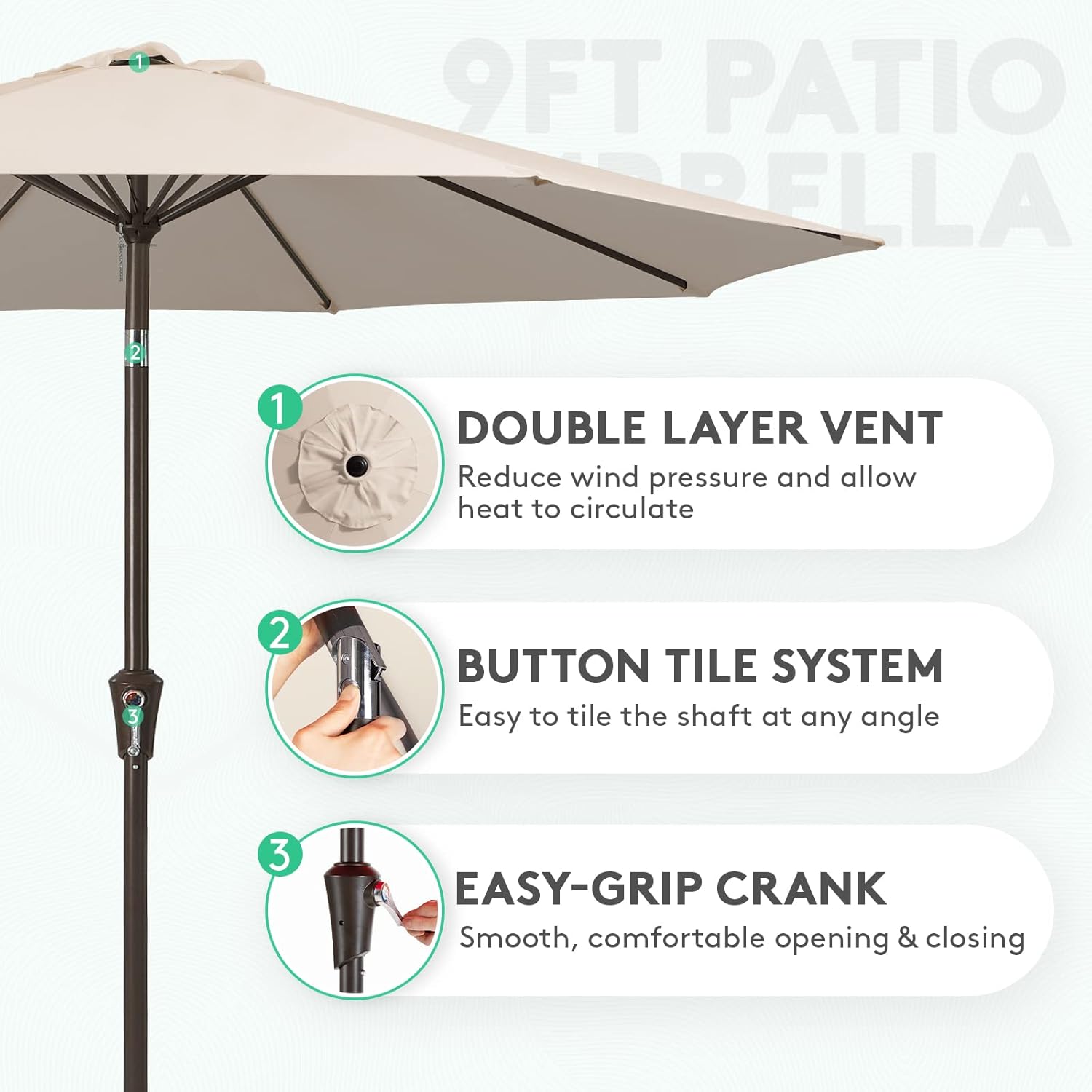 JEAREY 9FT Outdoor Patio Umbrella Outdoor Table Umbrella with Push Button Tilt and Crank, Market Umbrella 8 Sturdy Ribs UV Protection Waterproof for Garden, Deck, Backyard, Pool (Beige) - Image 2