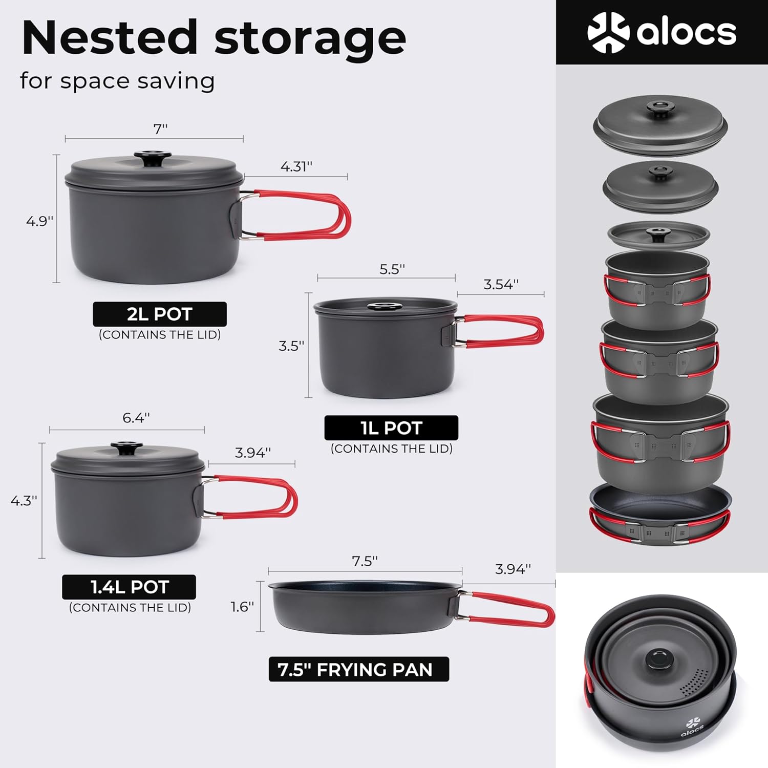 Alocs Camping Cookware Set Camping Gear, Compact Camping Pots and Pans Set, Durable Hard Alumina Camping Cooking Set for Outdoor Backpacking Camping Hiking Picnic, Included Mesh Carry Bag - Image 4