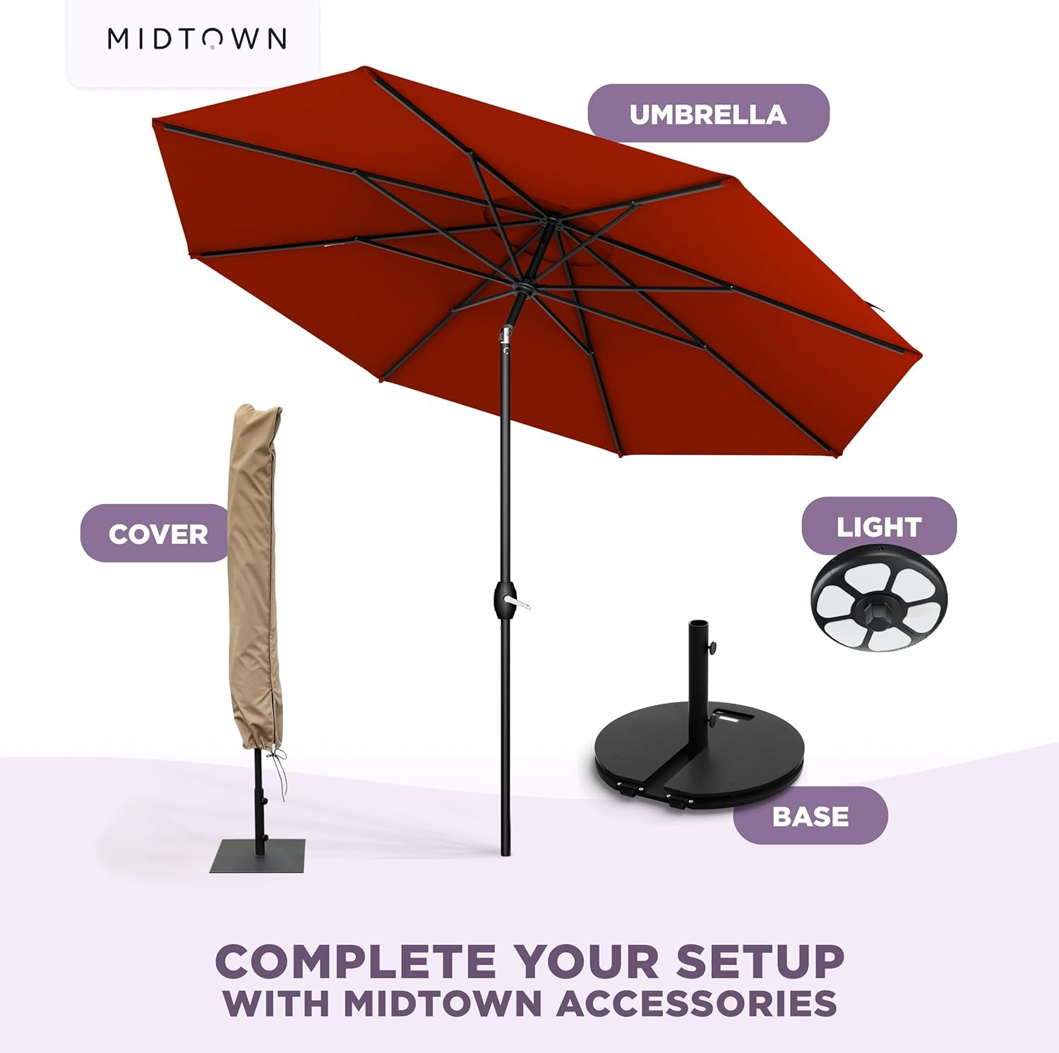 Midtown Umbrellas - 10-Year-No-Fade 9 Ft Patio Umbrella with Terylast Fabric, Auto-Tilt Aluminum Frame and 8 Reinforced Ribs for Deck, Pool, Garden & Beach - Apple Red Canopy, Black Pole - Image 8