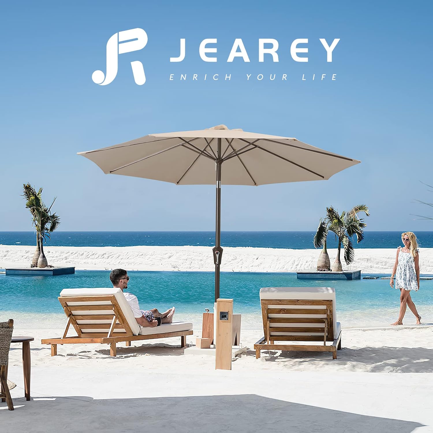 JEAREY 9FT Outdoor Patio Umbrella Outdoor Table Umbrella with Push Button Tilt and Crank, Market Umbrella 8 Sturdy Ribs UV Protection Waterproof for Garden, Deck, Backyard, Pool (Beige) - Image 6