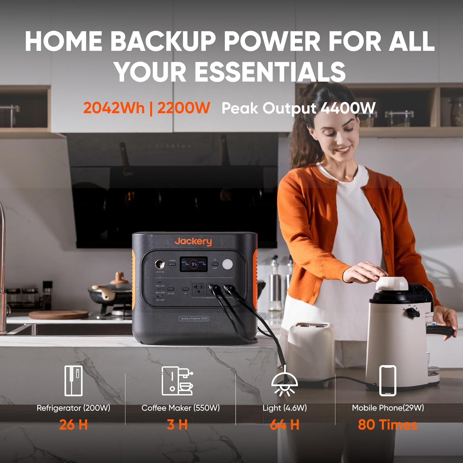 Jackery Explorer 2000 v2 Portable Power Station with 2x200W Solar Panels, 2042Wh LiFePo4 Battery, 2200W Solar Generator, 20ms UPS, USB-C PD 100W Fast Charging for Power Outages, Emergencies, Camping - Image 2