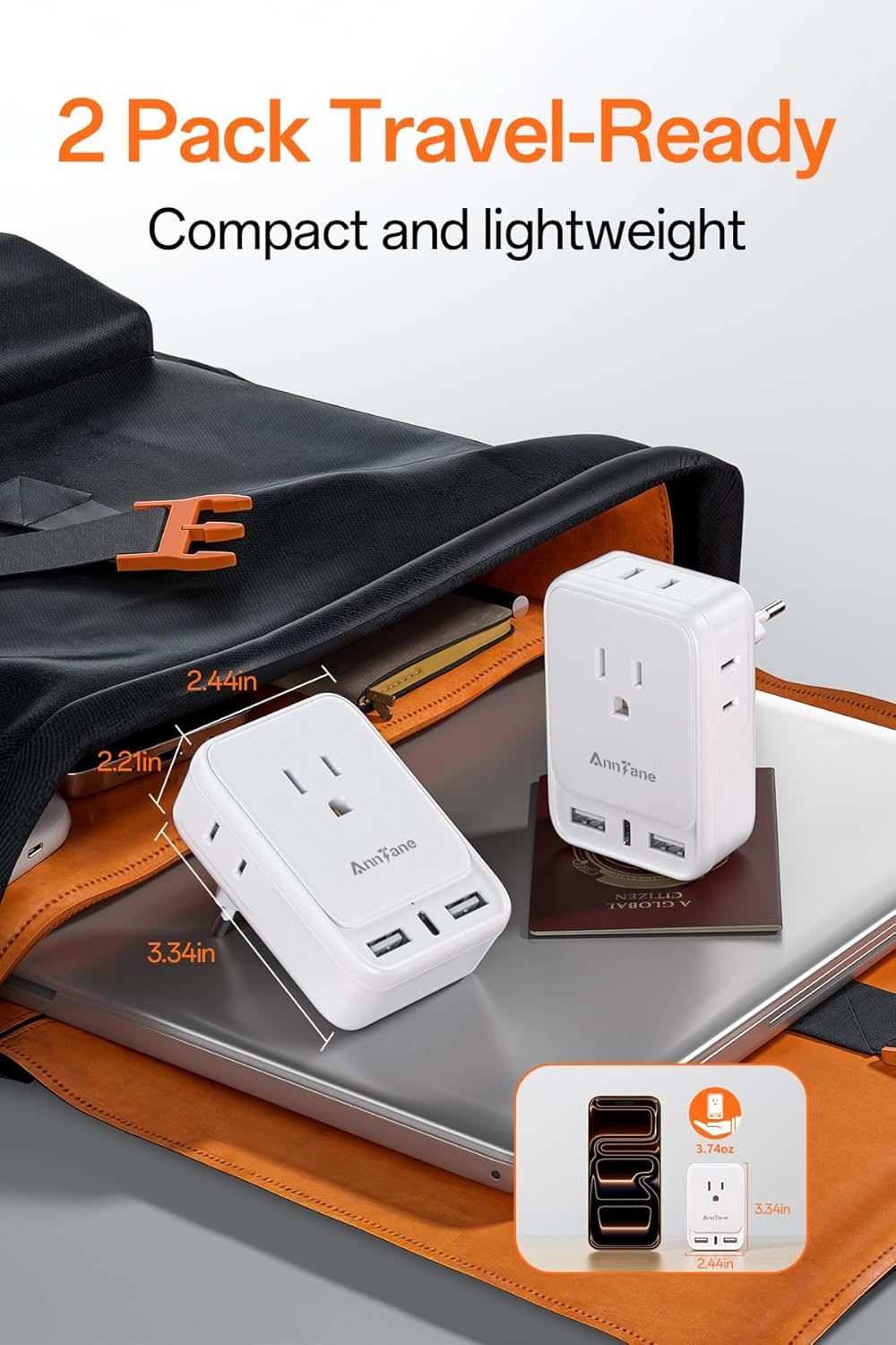 2 Pack European Travel Adapter, US to Europe Plug Adaptor with 4 Outlets 3 USB Charging Ports, Type C Power Adapter for USA to EU Euro Spain France Iceland Germany Greece, White - Image 3