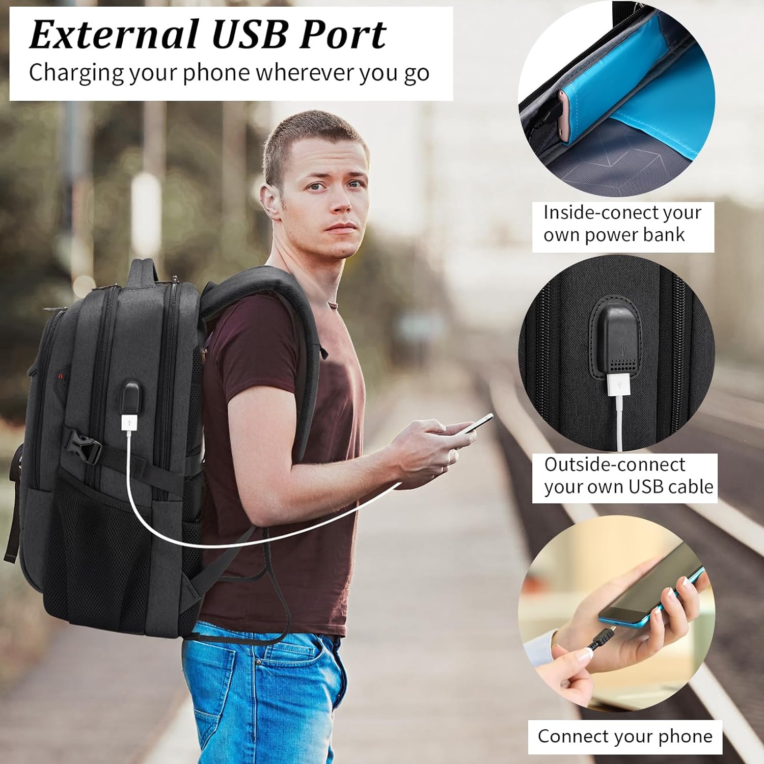 DUSLANG 17 Inch Laptop Backpack for Travel Water Resistant College Backpack for Men/Women Laptop Bag with USB Charging Port,Black - Image 6
