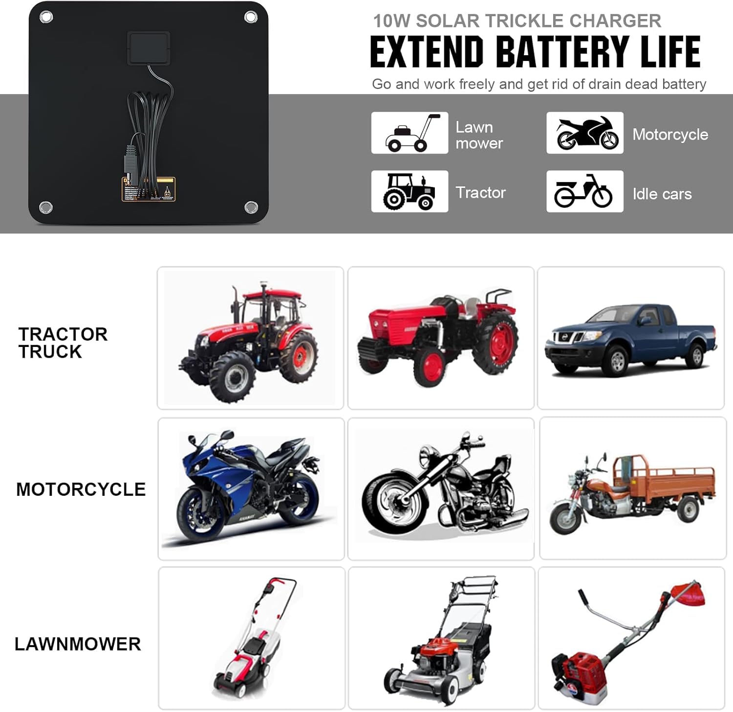 ECO-WORTHY 10W Solar Car Battery Charger Maintainer 12V Waterproof Portable Solar Trickle Charger for Car Truck Boat Lawn Mower RV Trailer Tractor ATV Utility Vehicle Battery - Image 4
