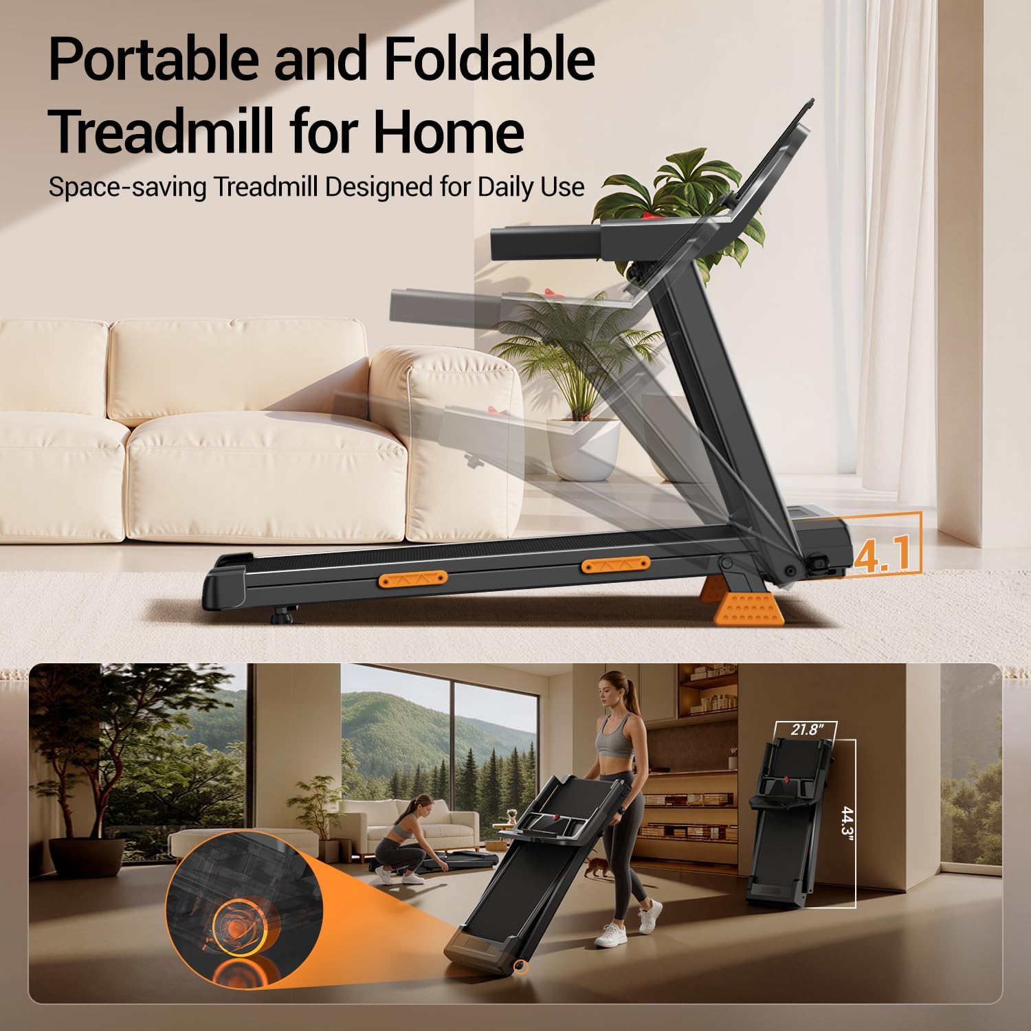 16% Treadmills for Home with Handle, 3 in 1 Portable Treadmill with Incline, Foldable Treadmill with Three Screen, 12 Preset Programs, 400Lbs - Image 8