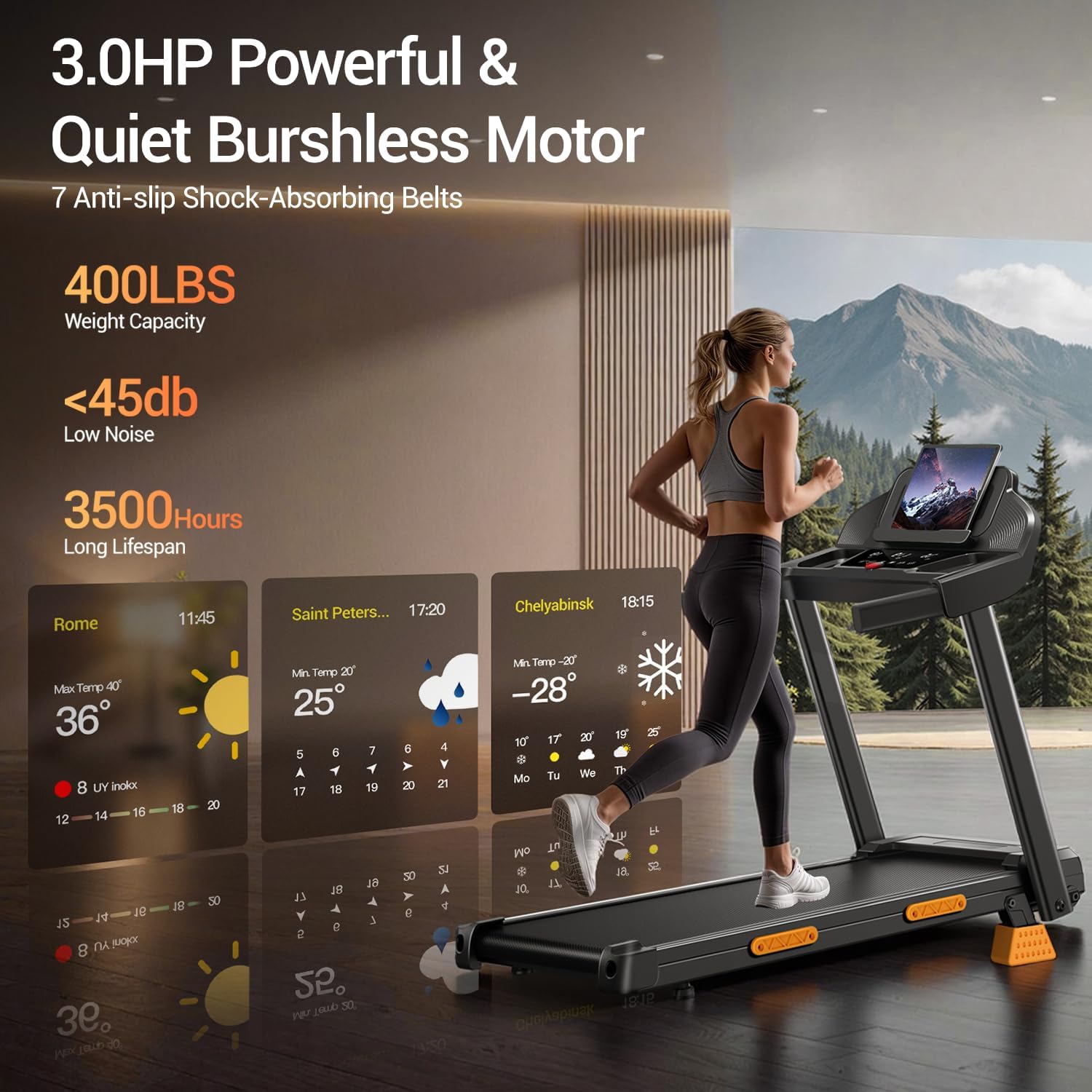 16% Treadmills for Home with Handle, 3 in 1 Portable Treadmill with Incline, Foldable Treadmill with Three Screen, 12 Preset Programs, 400Lbs - Image 7