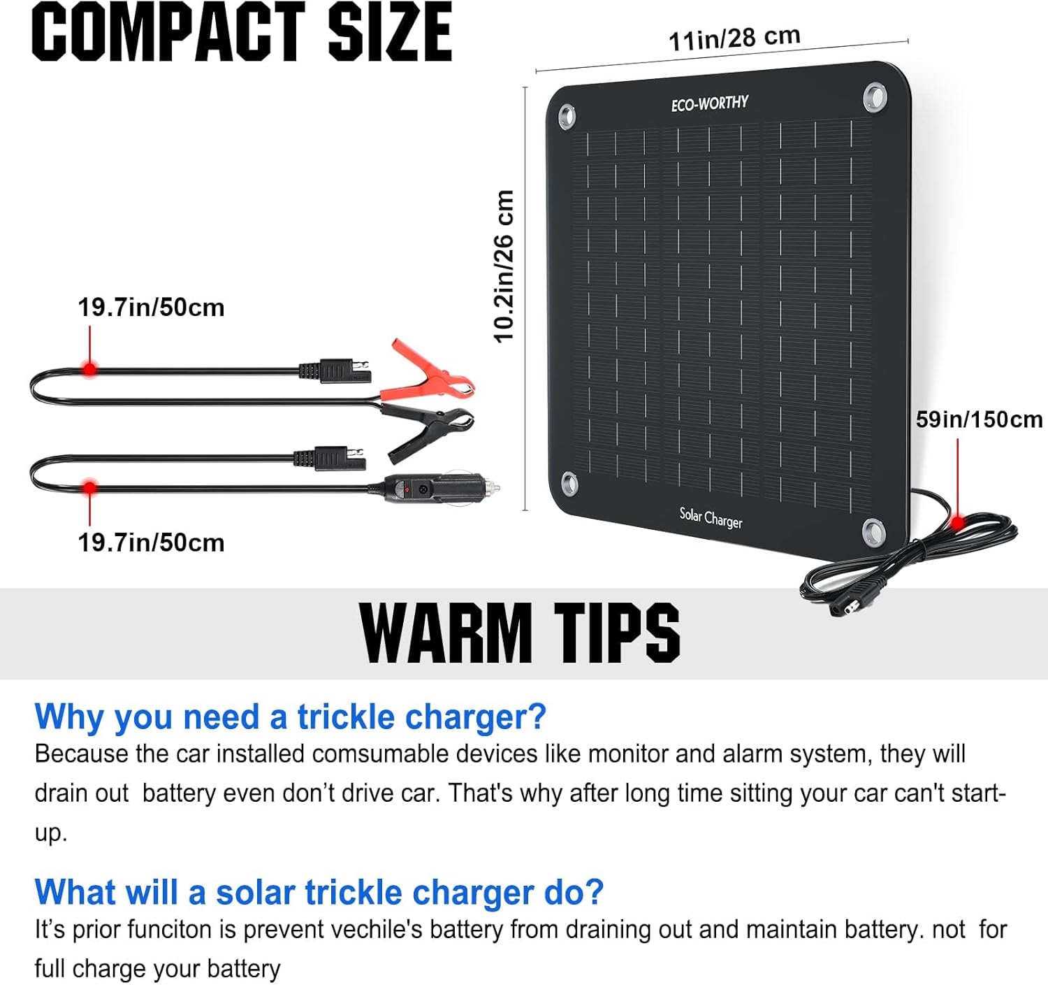 ECO-WORTHY 10W Solar Car Battery Charger Maintainer 12V Waterproof Portable Solar Trickle Charger for Car Truck Boat Lawn Mower RV Trailer Tractor ATV Utility Vehicle Battery - Image 6