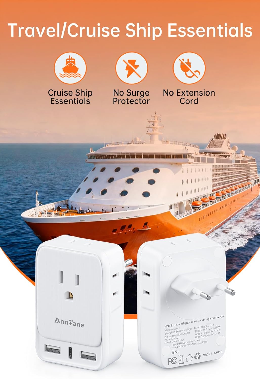 2 Pack European Travel Adapter, US to Europe Plug Adaptor with 4 Outlets 3 USB Charging Ports, Type C Power Adapter for USA to EU Euro Spain France Iceland Germany Greece, White - Image 8