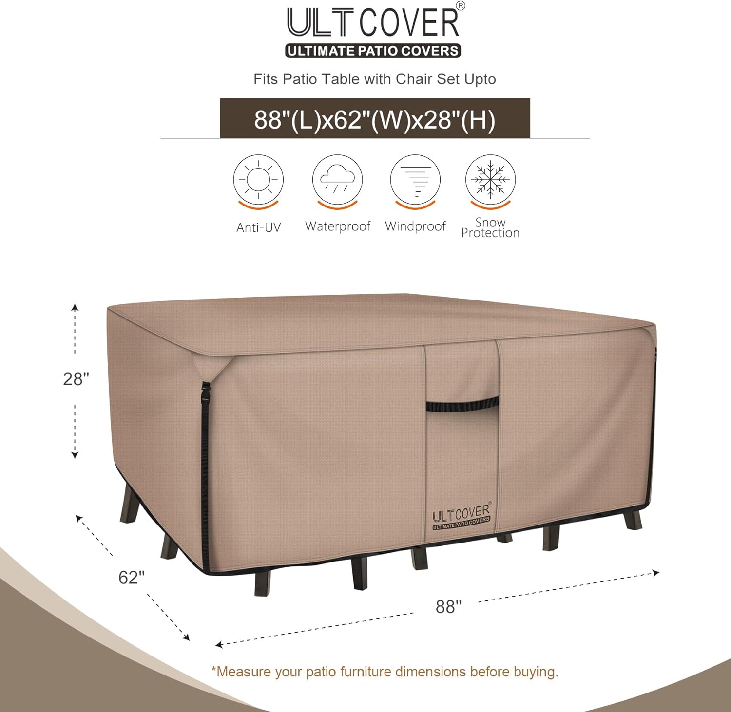 ULTCOVER Rectangular Patio Heavy Duty Table Cover - 600D Tough Canvas Waterproof Outdoor Dining Table and Chairs General Purpose Furniture Cover Size 88L x 62W x 28H inch - Image 2