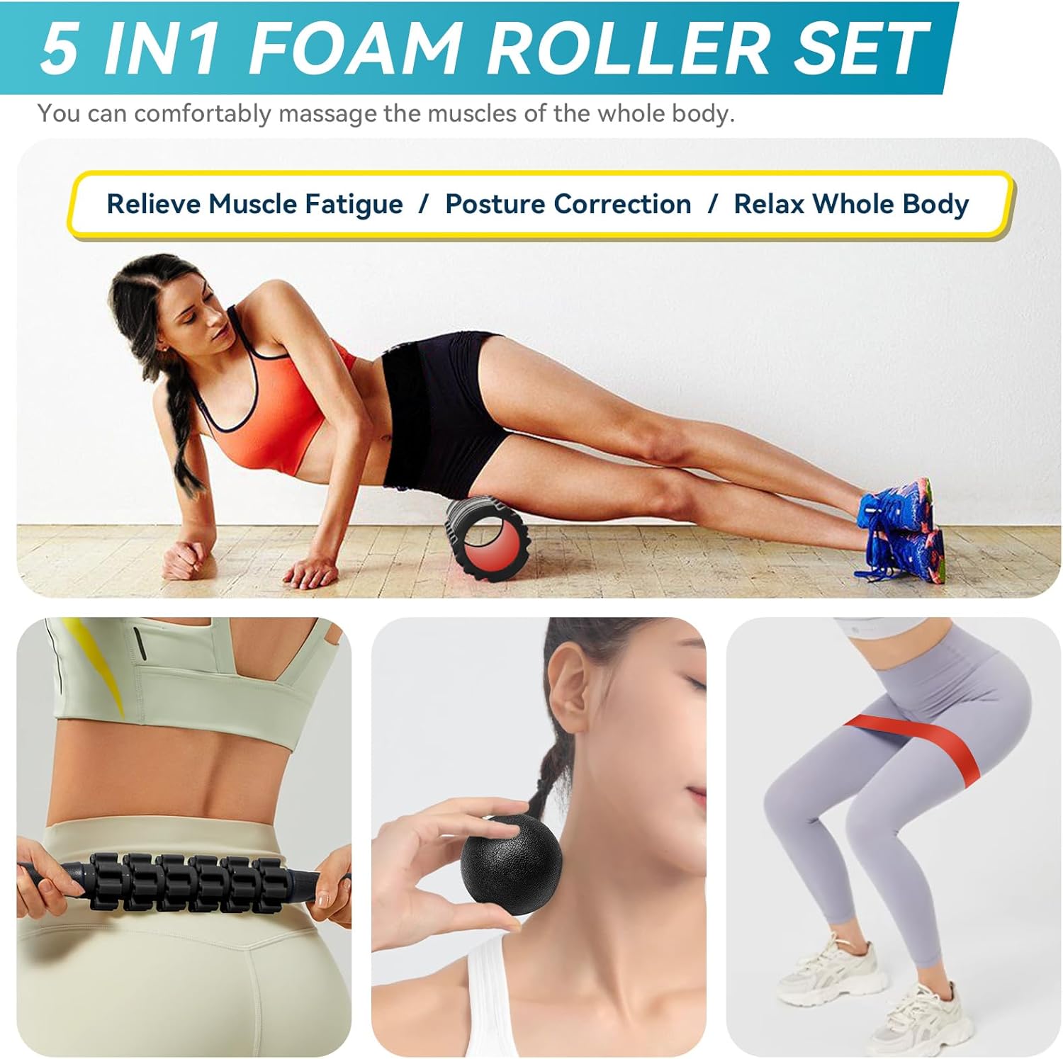 Krightlink 5-in-1 Foam Roller Set - Deep Tissue Muscle Recovery Kit with High Density Exercise Roller, Massage Ball, Resistance Band & Carry Bag for Physical Therapy & Pain Relief (Black) - Image 6