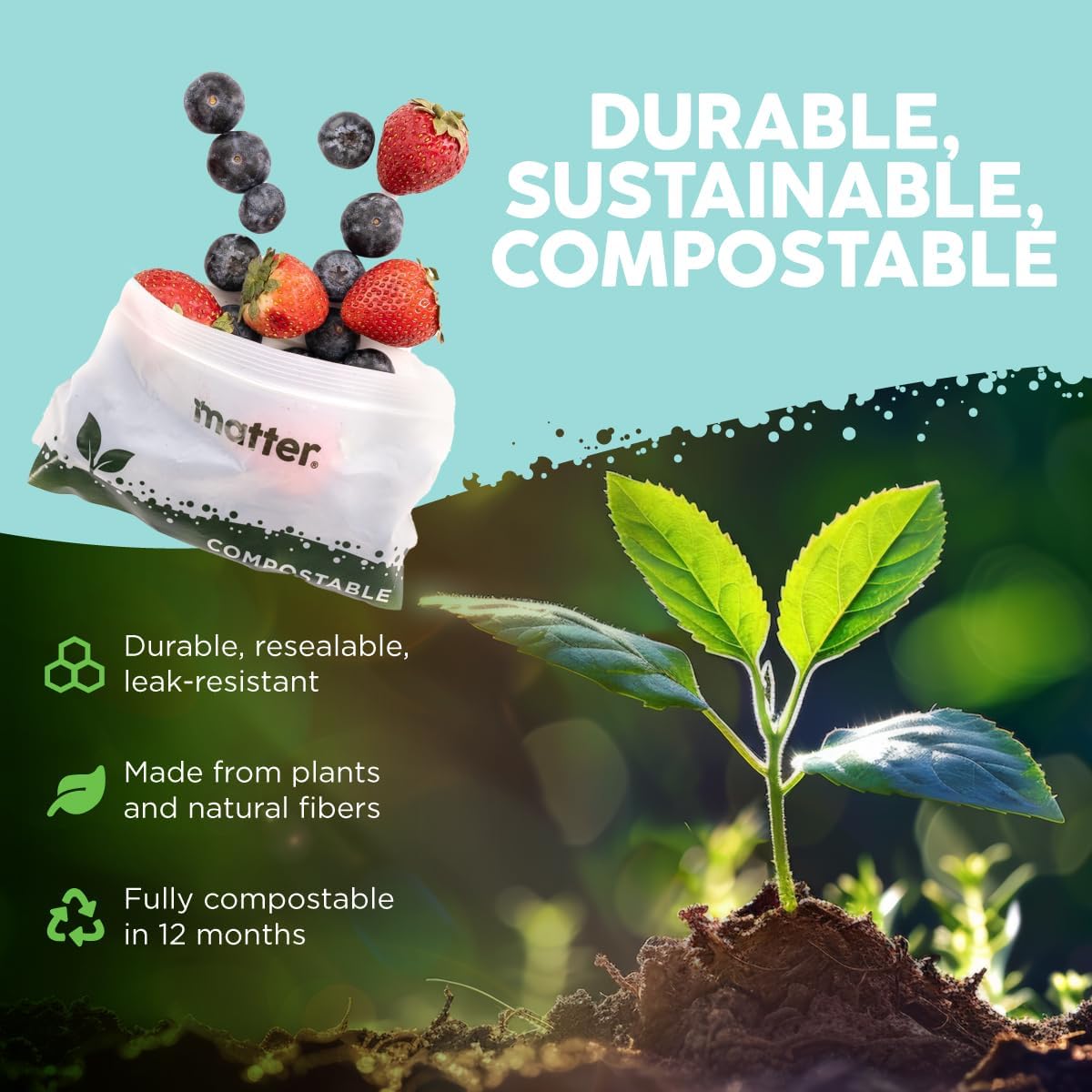 Matter Compostable Assorted Kitchen Bags, 230 Count, Biodegradable, Eco-Friendly Resealable Food Storage Variety Pack, 80 Snack, 80 Sandwich, 50 Quart & 20 Gallon - Image 7