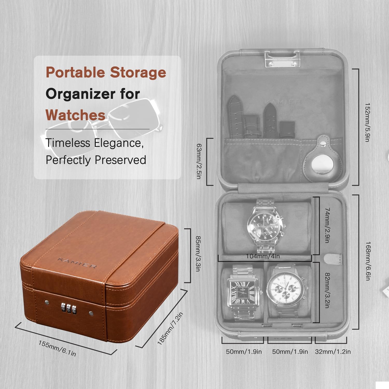 KAMIER Watch Case with Combination Lock - 4 Watch Storage and Jewelry Organizer - Watch Travel Case for Ring and Watch Storage, PU Leather Travel Watch Case, Ideal for Gift (With Gift Box), Brown - Image 5