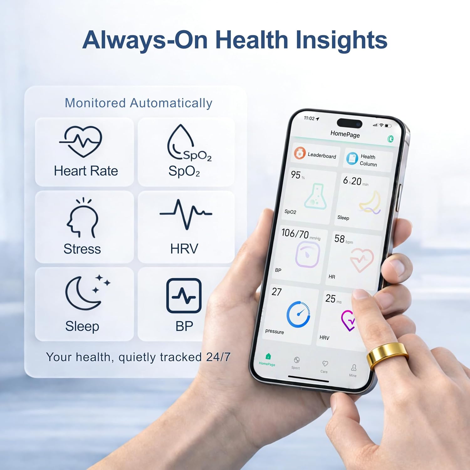Smart Ring Health & Fitness Tracker for Men & Women, Heart Rate, SPO₂, Sleep & Activity Monitoring, IP68 Waterproof, Long Battery Life, Family Care Mode, No Subscription Fee (Gold, 8) - Image 6