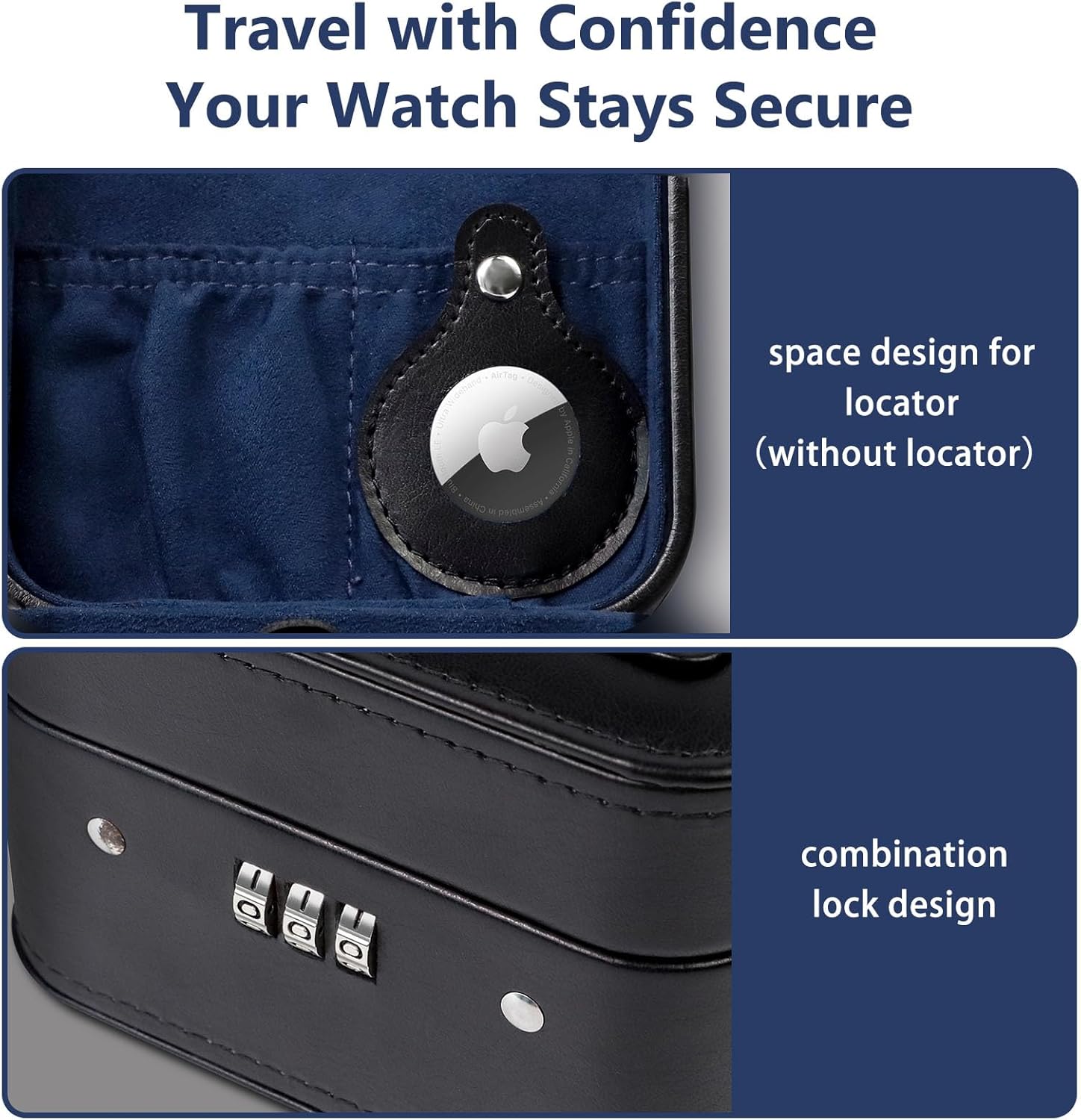 KAMIER Watch Travel Case with Combination Lock - 2 Watch Storage and Jewelry Organizer - Watch Case for Ring and Watch Storage, PU Leather Travel Watch Case, Ideal for Gift (With Gift Box) (Black) - Image 2