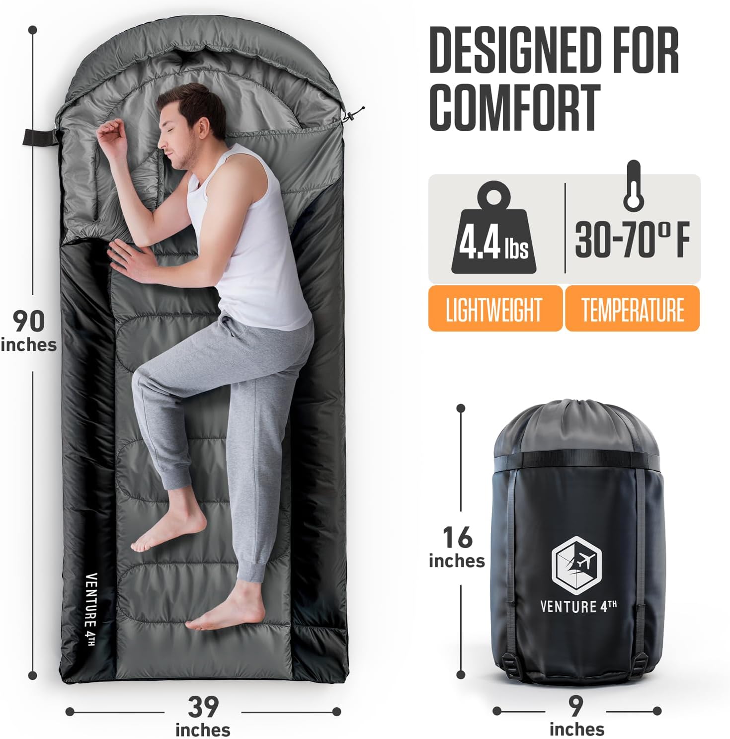 VENTURE 4TH Backpacking Sleeping Bag – XXL, Double and Single Sizes - Lightweight Warm & Cold Weather Sleeping Bags for Adults, Kids & Couples – Ideal for Hiking, Camping & Outdoor Adventures - Image 2
