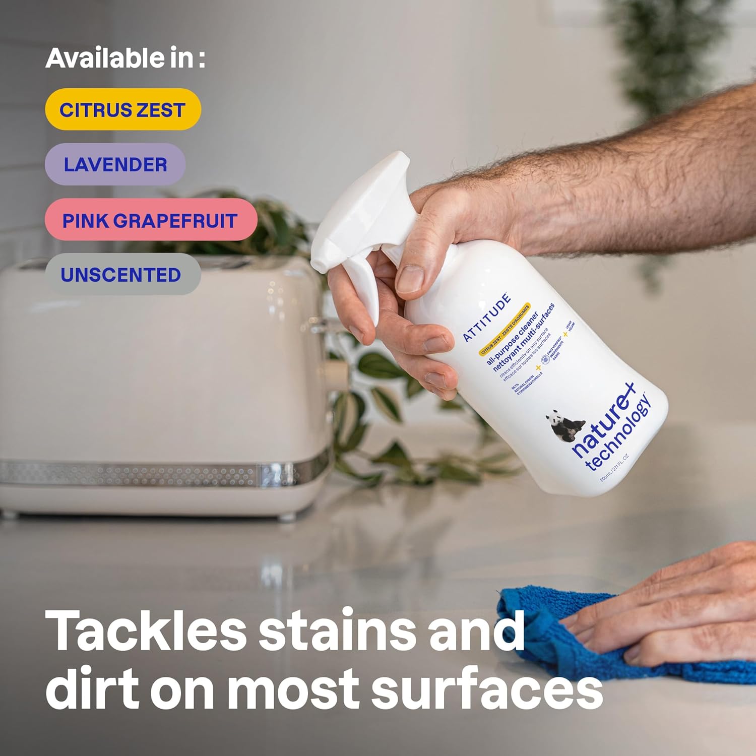 ATTITUDE All Purpose Cleaner Spray, EWG Verified, Vegan, Made with 94% Plant-Based Ingredients, Streak-Free for Kitchen, Bathroom, Glass & More, Citrus Zest Scent, 27.1 Fl Oz - Image 3