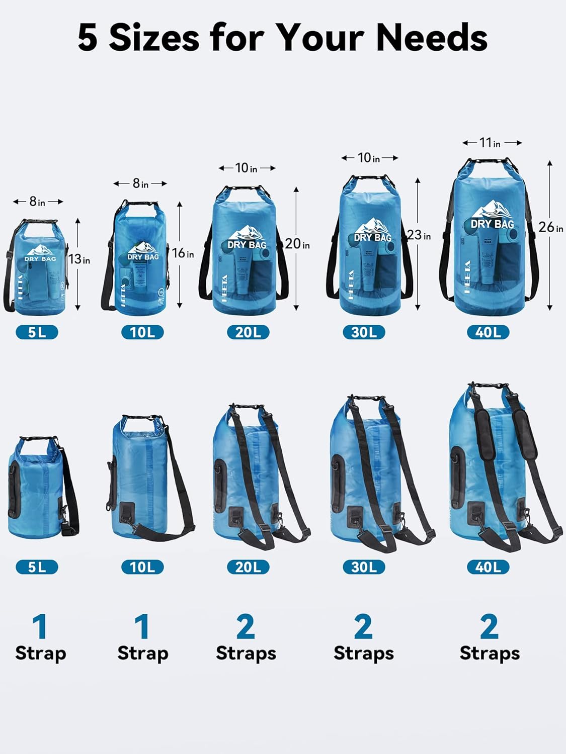 HEETA Dry Bag Waterproof for Women Men, 5L/10L/20L/30L/40L Roll Top Lightweight Dry Storage Bag Backpack with Phone Case for Travel Swimming Boating Kayaking Paddle Board Camping Beach Accessories - Image 2