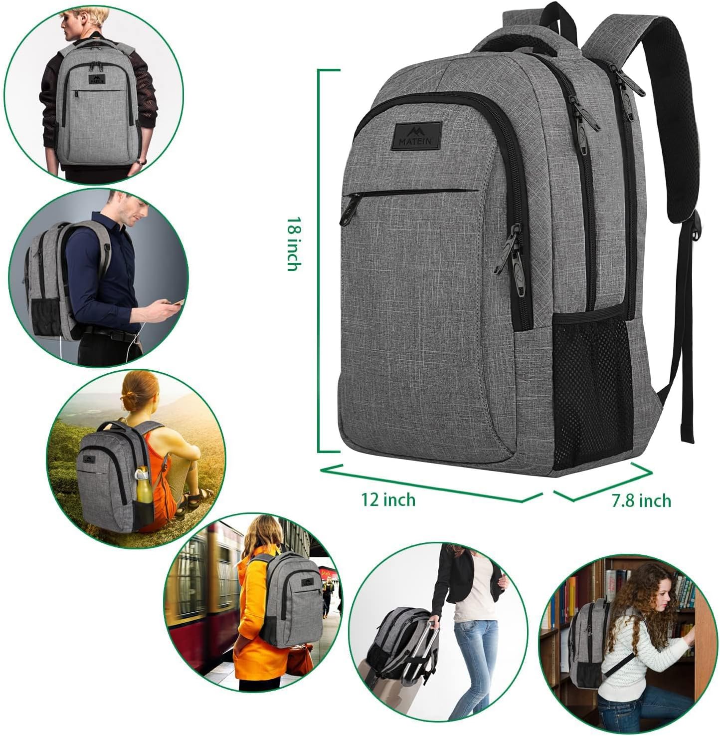 MATEIN Travel Laptop Backpack, Business Anti Theft Slim Sturdy Laptops Backpack Personal Item Bag, Water Resistant College School Computer Bag Gift for Men & Women Fits 15.6 Inch Notebook, Grey - Image 3
