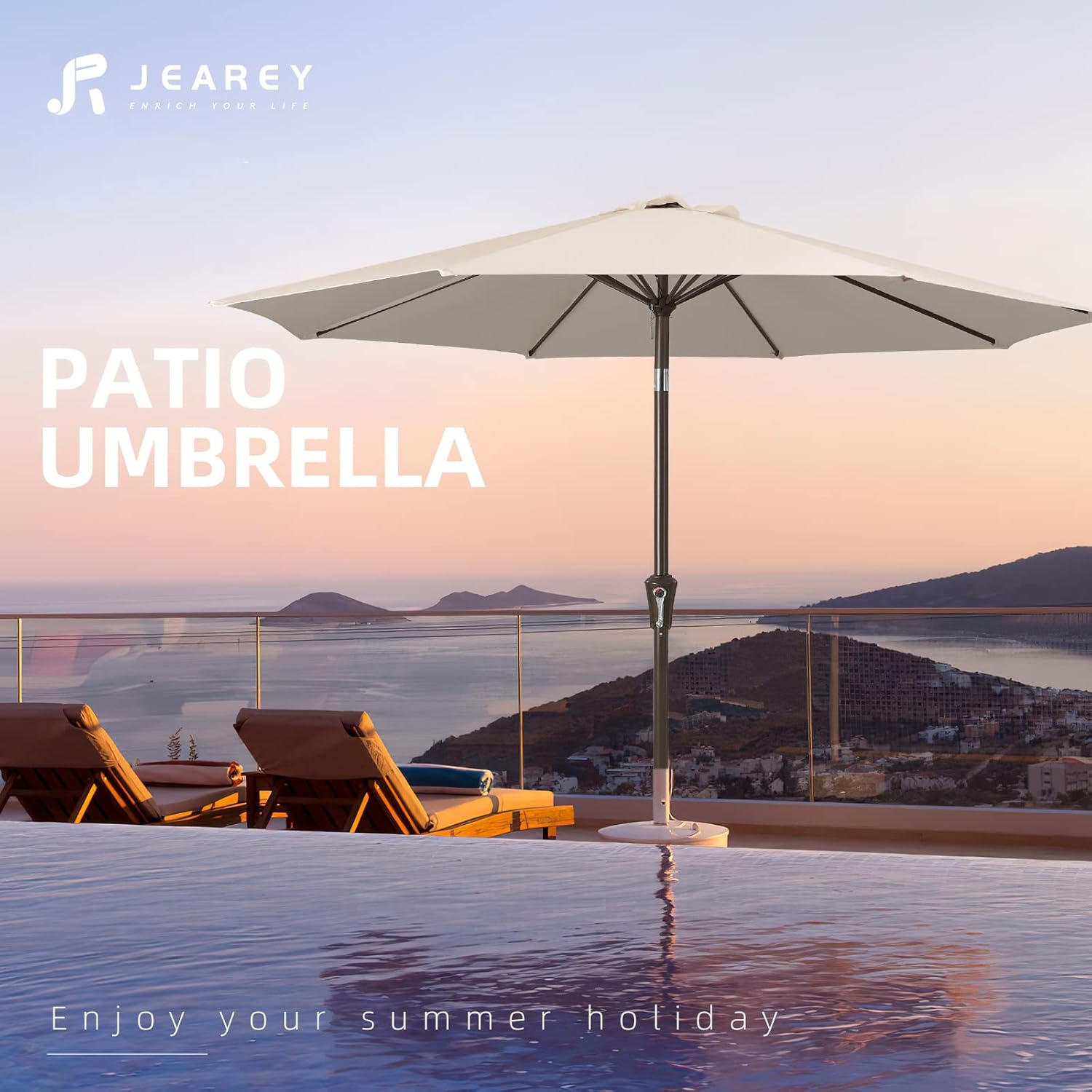 JEAREY 9FT Outdoor Patio Umbrella Outdoor Table Umbrella with Push Button Tilt and Crank, Market Umbrella 8 Sturdy Ribs UV Protection Waterproof for Garden, Deck, Backyard, Pool (Beige) - Image 7