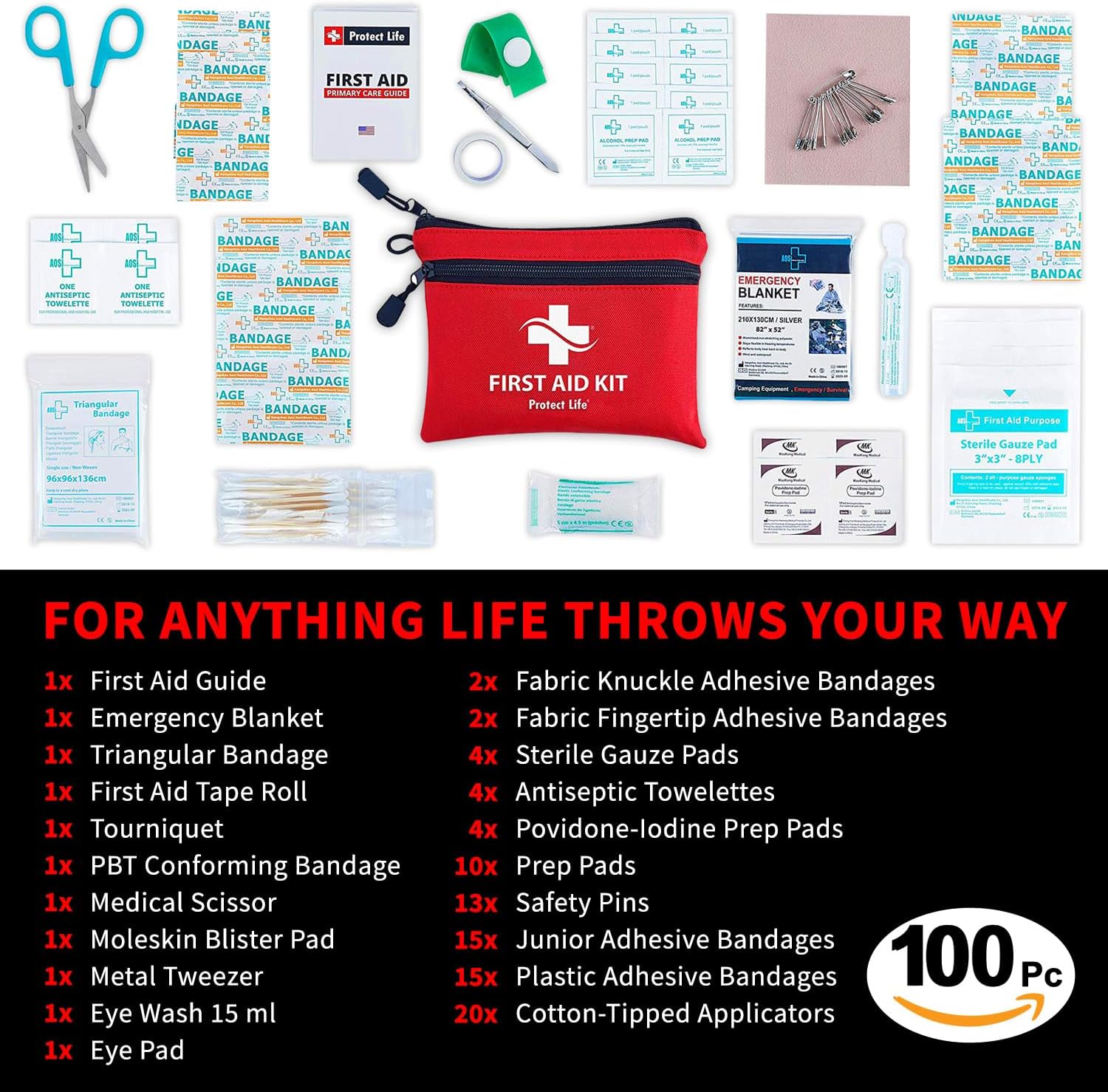 Protect Life First Aid Kit, Travel First Aid Kit for Car, 100 Piece Compact Emergency Preparedness Starter Kit for Home, Office, Camping, Hiking - Image 3