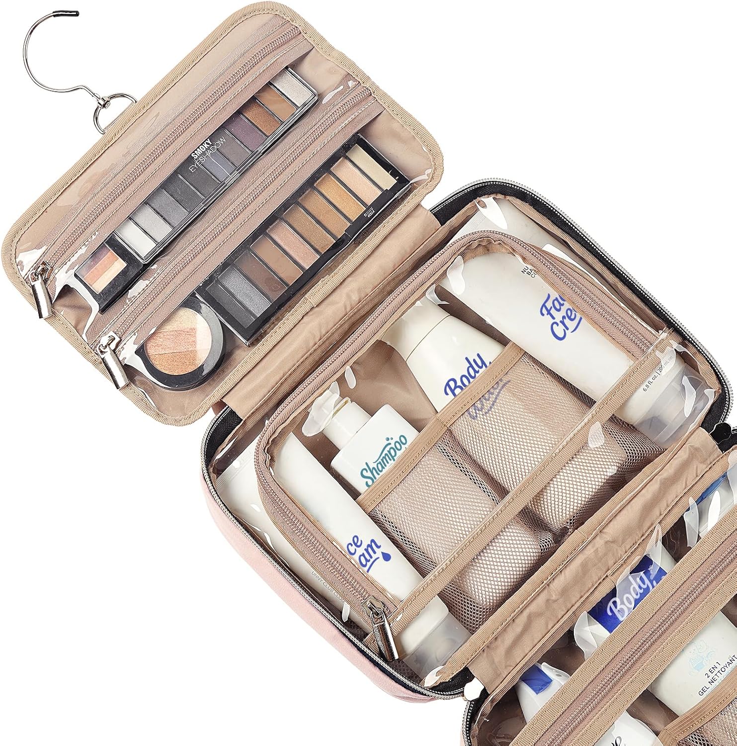 NISHEL Travel Toiletry Bag for women, Portable Hanging Organizer for Travel-Sized Shampoo, Conditioner, Brushes Set, makeup Accessories, Medium Size, Pink - Image 4