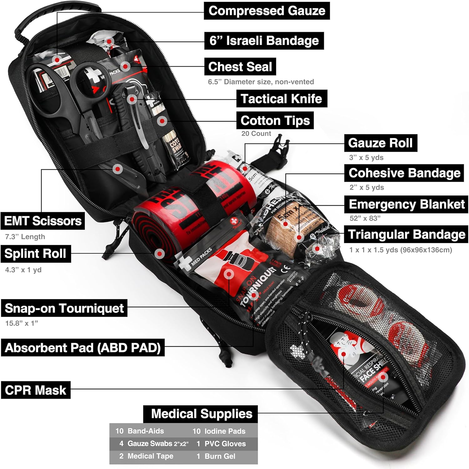 Survival First Aid Kit with Israeli Bandage, Chest Seal, Tourniquet, Splint, Tactical Military Combat Molle IFAK for Wound Care, Bleeding Control, Trauma Hemorrhage and More (Black) - Image 3