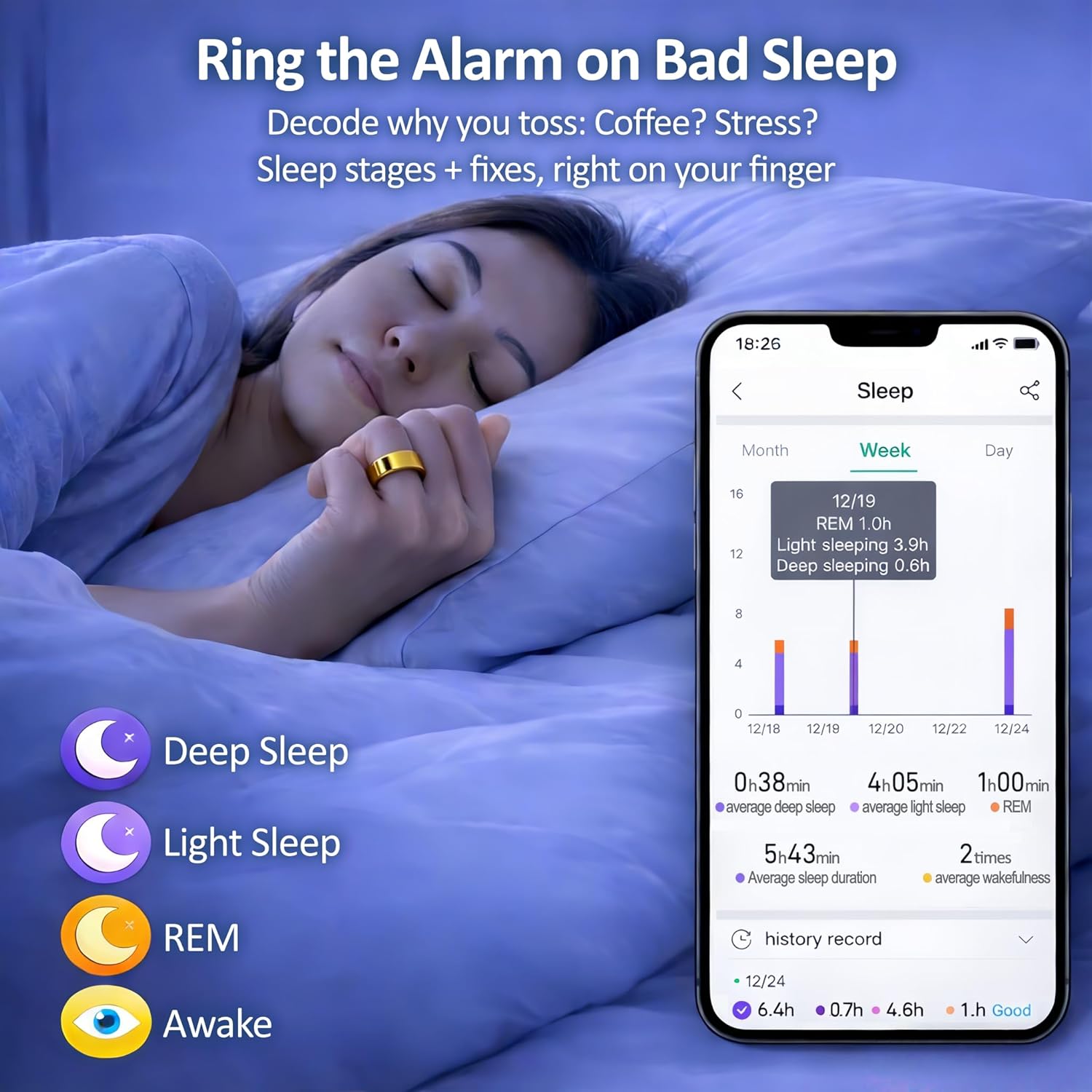Smart Ring Health & Fitness Tracker for Men & Women, Heart Rate, SPO₂, Sleep & Activity Monitoring, IP68 Waterproof, Long Battery Life, Family Care Mode, No Subscription Fee (Gold, 8) - Image 3