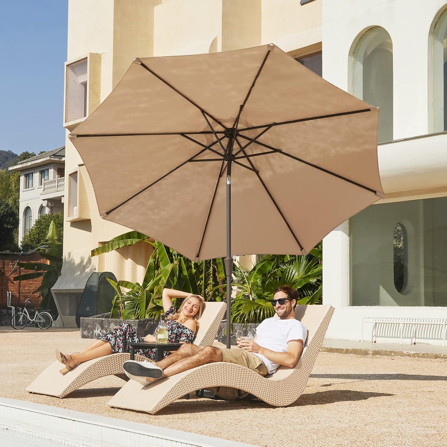 JEAREY 9FT Outdoor Patio Umbrella Outdoor Table Umbrella with Push Button Tilt and Crank, Market Umbrella 8 Sturdy Ribs UV Protection Waterproof for Garden, Deck, Backyard, Pool (Beige) - Image 4