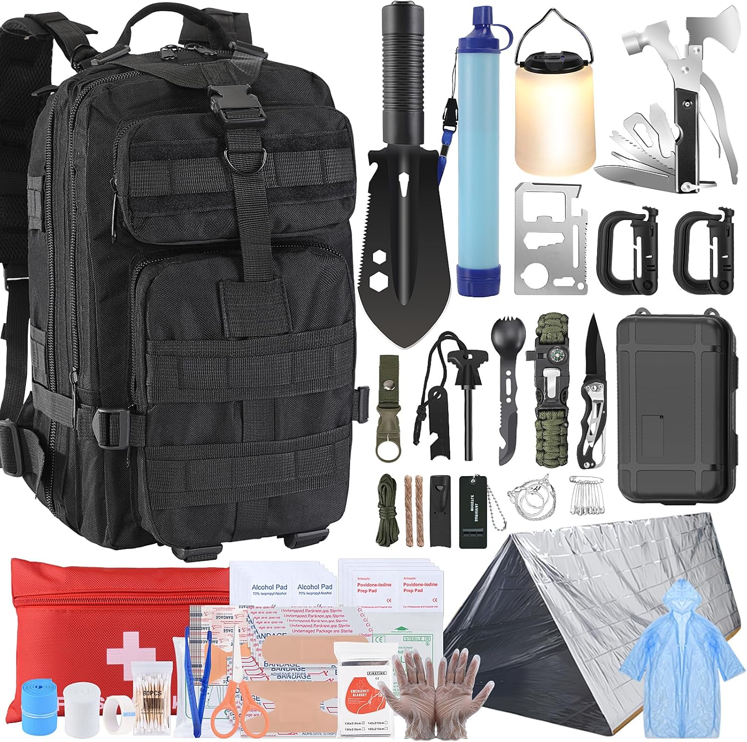 Survival Kit, Survival Gear and Equipment 258 PCS with Water Filter, Emergency Tent, LED Lantern, First Aid Kit Supplies, 25L Backpack for Family, Outdoor Camping, Hiking Gifts for Men Christmas