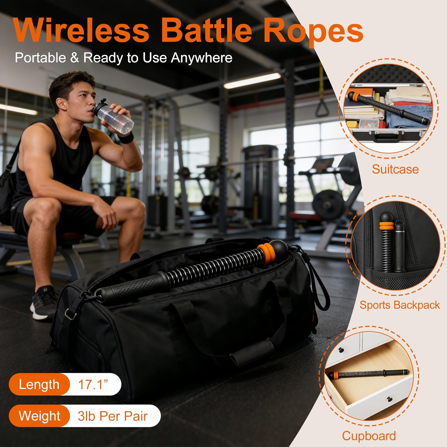 Adjustable Ropeless Battle Ropes, Portable Cordless Battle Ropes for Home Gym, Workout Equipment Exercise Rope for Low-Impact Workout, Strength & HIIT, for Men & Women (Black) - Image 6