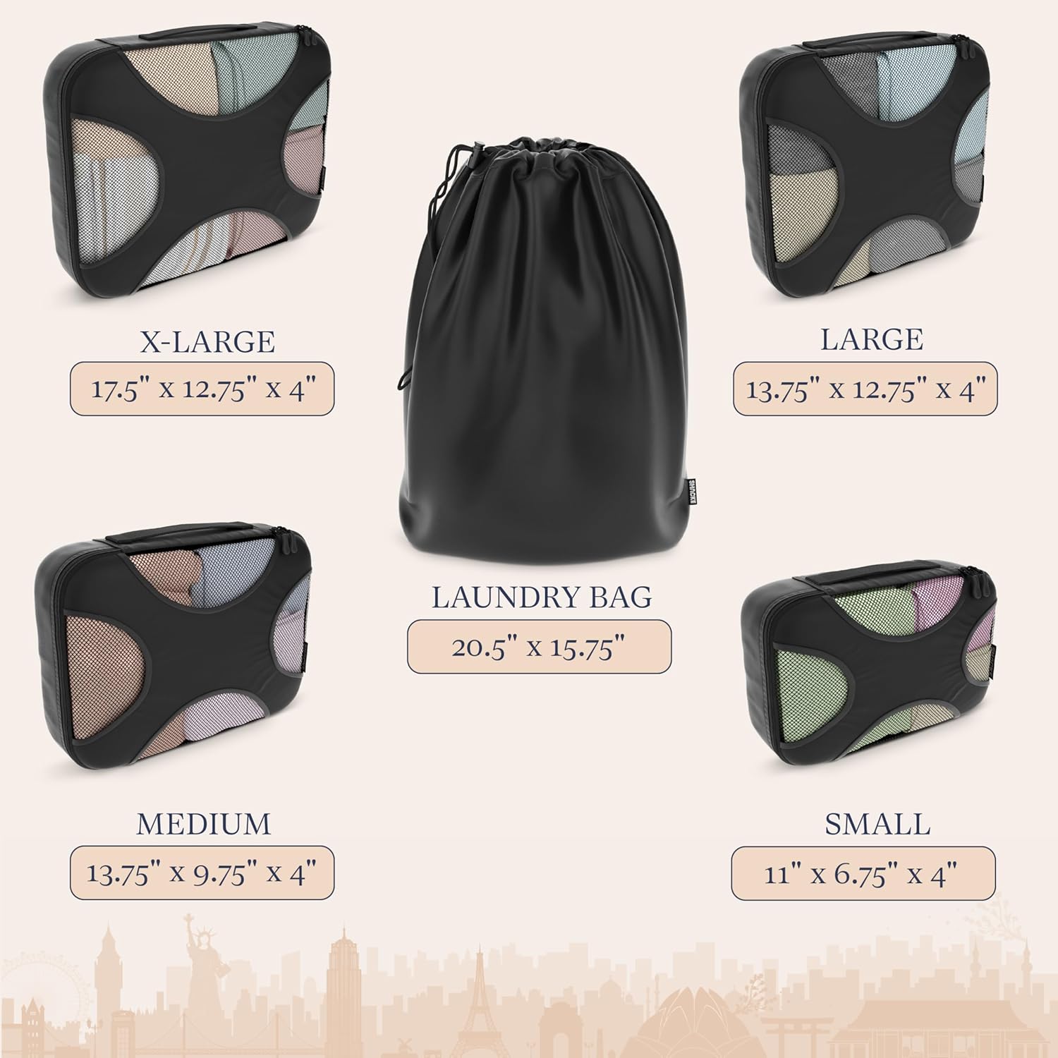Shacke Packing Cubes for Travel 5 Set - Luggage Organizer Bags for Suitcase - 4 Cubes + Laundry Bag - Water-Resistant Nylon - Pure Black - Image 4