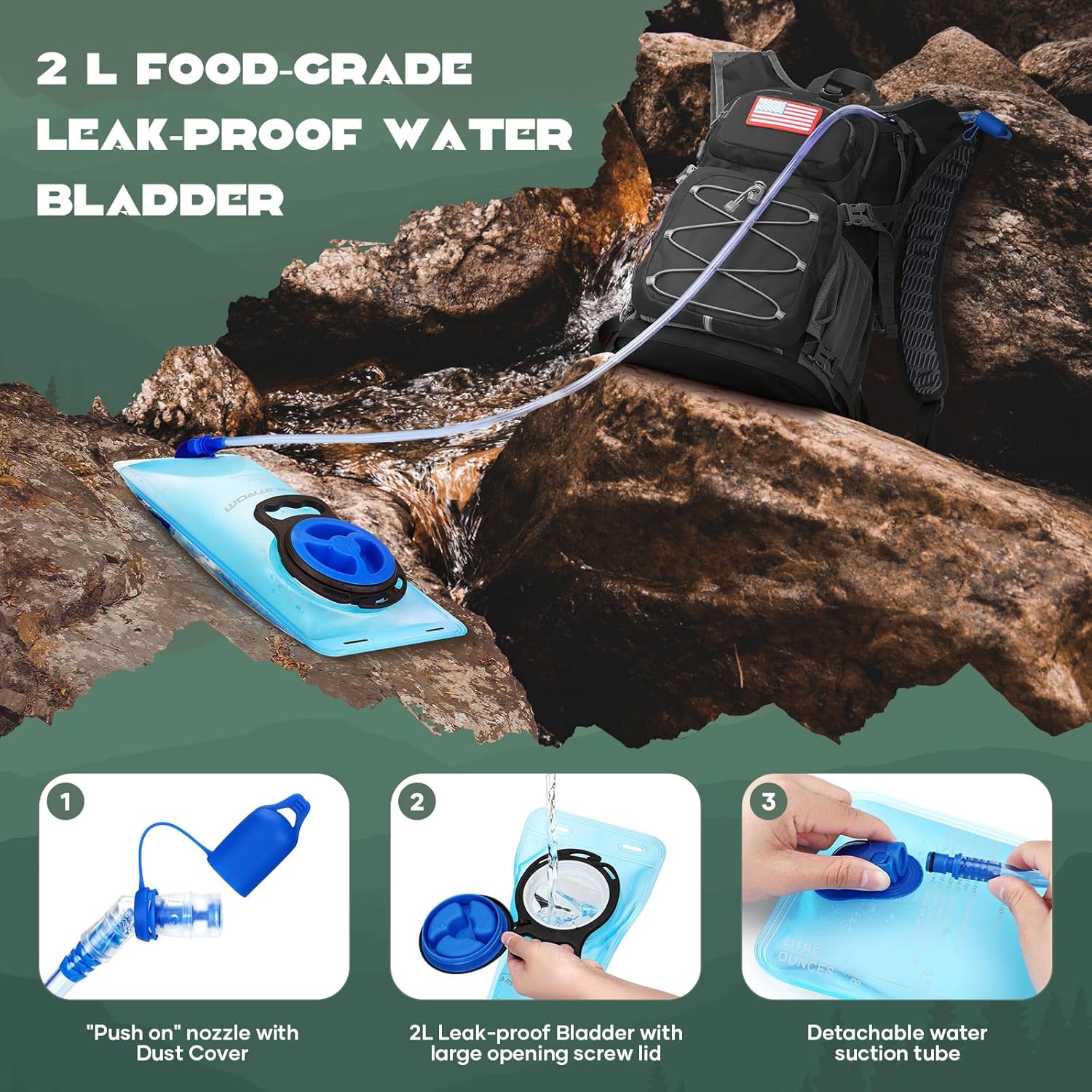 Maelstrom Hydration Hiking Backpack with 2L/3L Water Bladder, High Flow Bite Valve Water Backpack Men Women Lightweight Insulation for Hiking, Cycling, Running, Climbing, Camping - Image 4