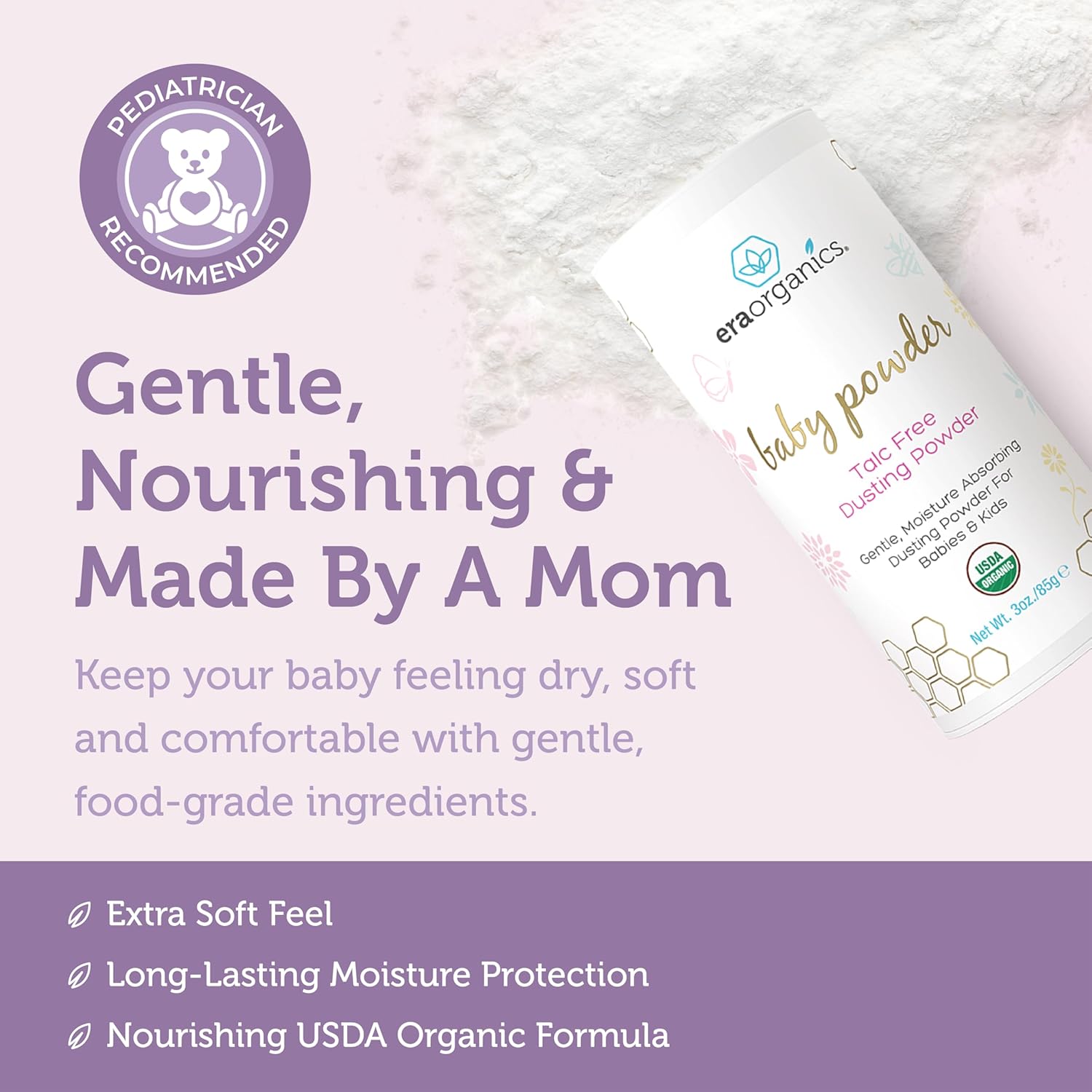 Era Organics Talc-Free Organic Baby Powder - USDA Organic Dusting Powder with Arrowroot, Calendula and Cornstarch for Newborns, Babies or Toddlers - Soothing, Fragrance Free, Made in USA (3oz/85g) - Image 4