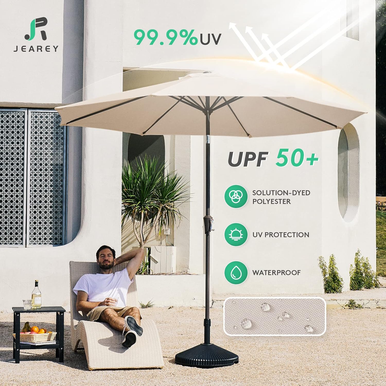 JEAREY 9FT Outdoor Patio Umbrella Outdoor Table Umbrella with Push Button Tilt and Crank, Market Umbrella 8 Sturdy Ribs UV Protection Waterproof for Garden, Deck, Backyard, Pool (Beige) - Image 3