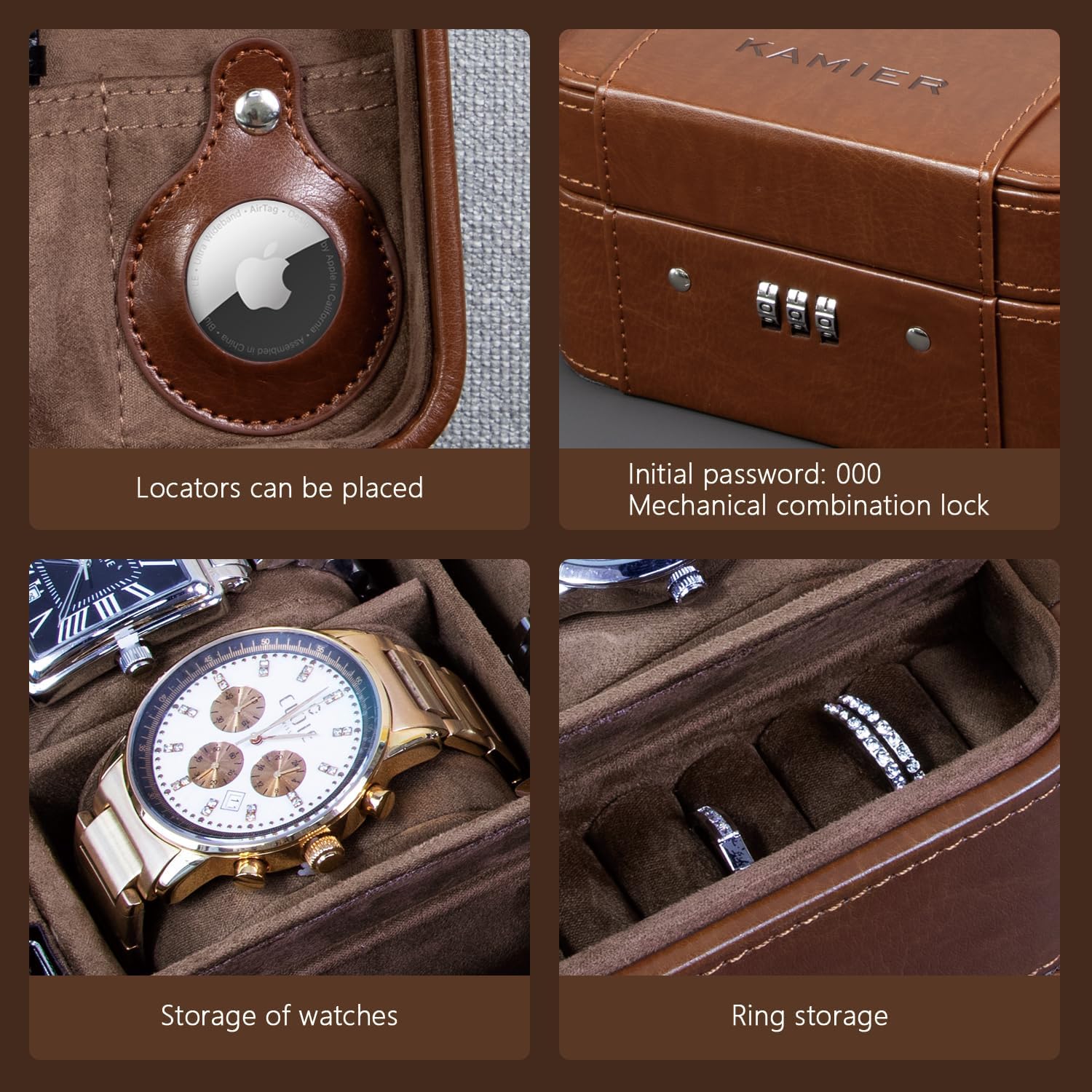 KAMIER Watch Case with Combination Lock - 4 Watch Storage and Jewelry Organizer - Watch Travel Case for Ring and Watch Storage, PU Leather Travel Watch Case, Ideal for Gift (With Gift Box), Brown - Image 2