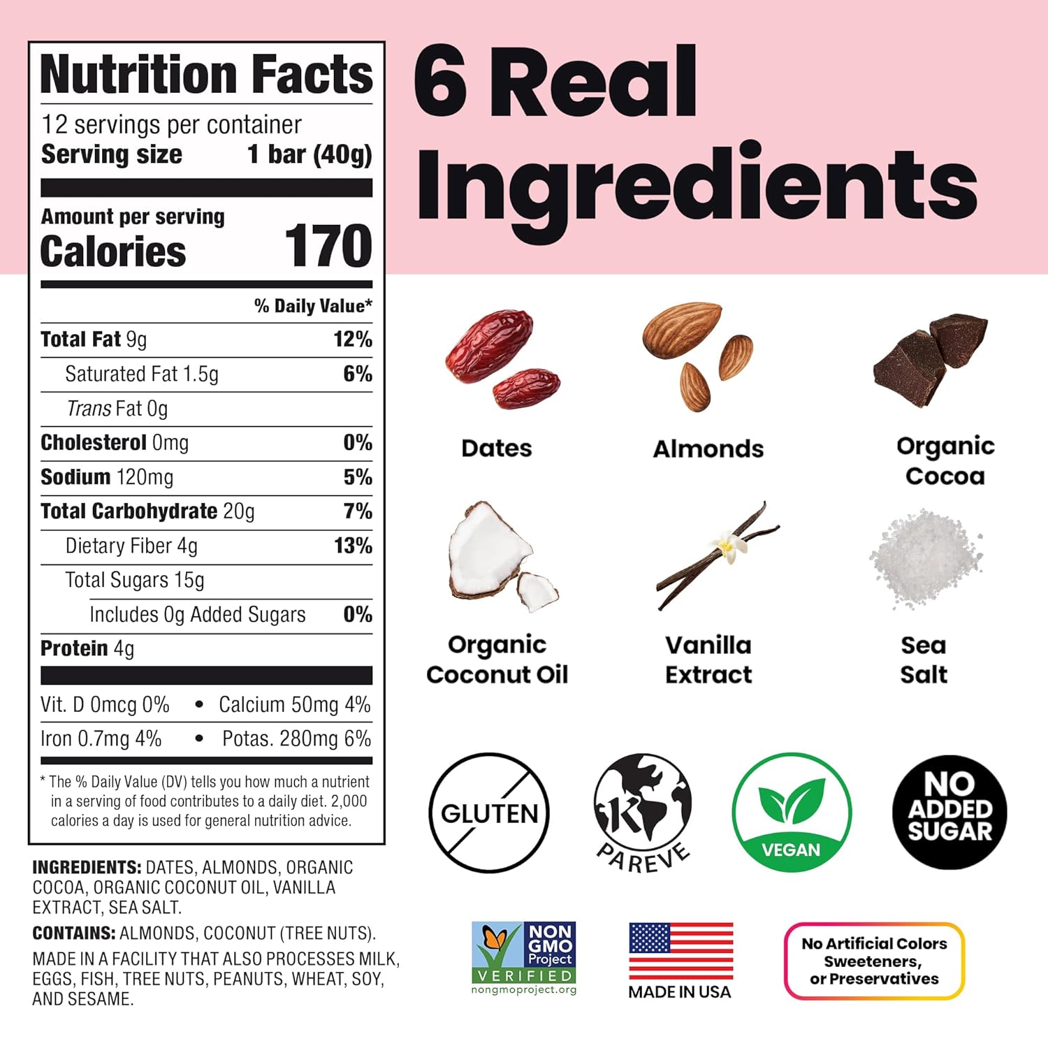 Bahamii Chocolate Almond Date and Energy Bars, Healthy Snacks and Breakfast Bars for Kids and Adults, No Sugar Added, Gluten Free, High Fiber, Vegan, Plant Based, Paleo, Only 6 Ingredients, 12 Pack - Image 2