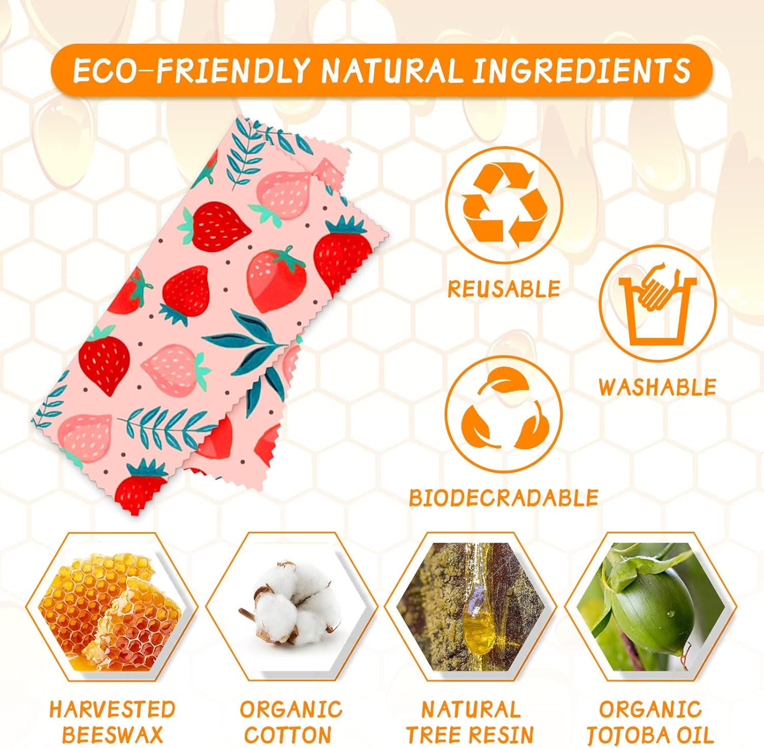 Reusable Beeswax Wrap - 9 Pack Eco-Friendly Beeswax Wraps For Food, Organic, Sustainable, Biodegradable, Zero Waste, Plastic-Free Food Storage, 1L Strawberry, 3M Orange, 5S Lemon Patterns - Image 2