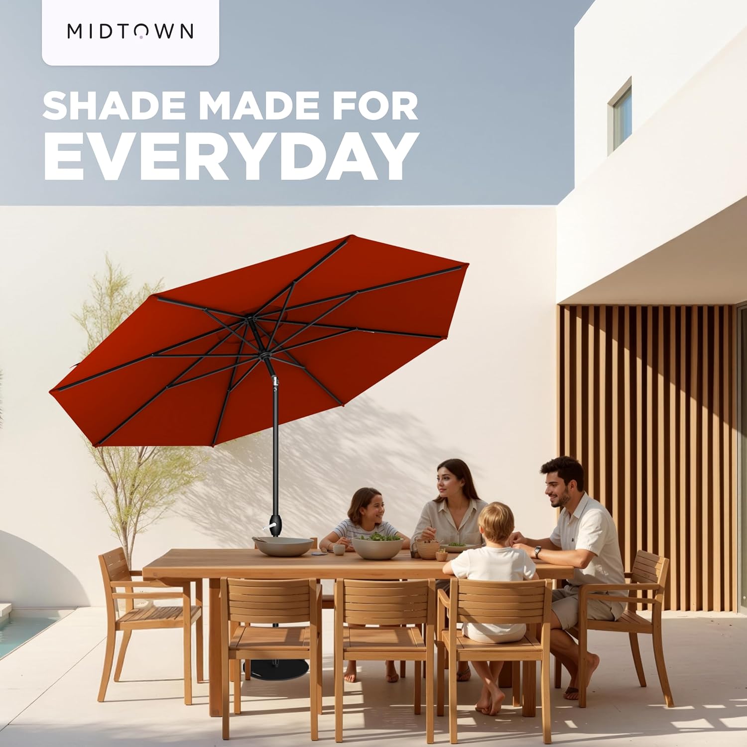 Midtown Umbrellas - 10-Year-No-Fade 9 Ft Patio Umbrella with Terylast Fabric, Auto-Tilt Aluminum Frame and 8 Reinforced Ribs for Deck, Pool, Garden & Beach - Apple Red Canopy, Black Pole - Image 7