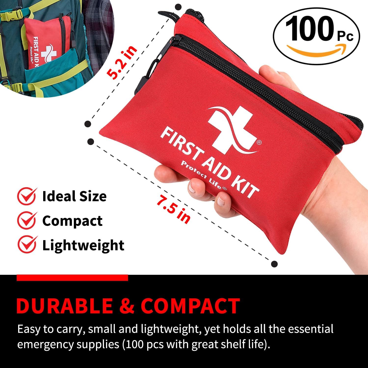 Protect Life First Aid Kit, Travel First Aid Kit for Car, 100 Piece Compact Emergency Preparedness Starter Kit for Home, Office, Camping, Hiking - Image 6