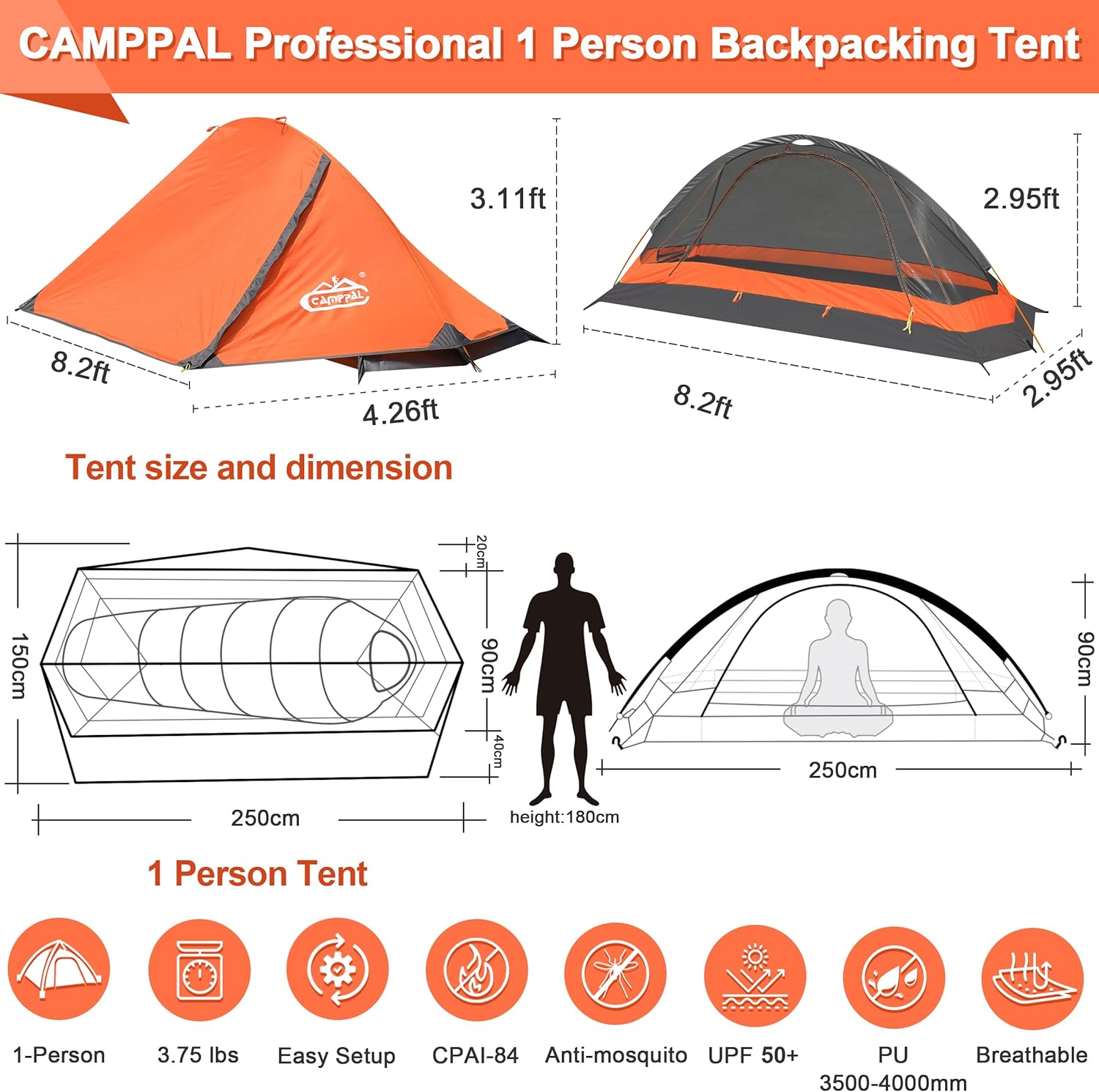 camppal 1 Person Tent for Camping Hiking Mountain Hunting Backpacking Tents 4 Season Resistance to Windproof Rainproof and Waterproof - Image 5