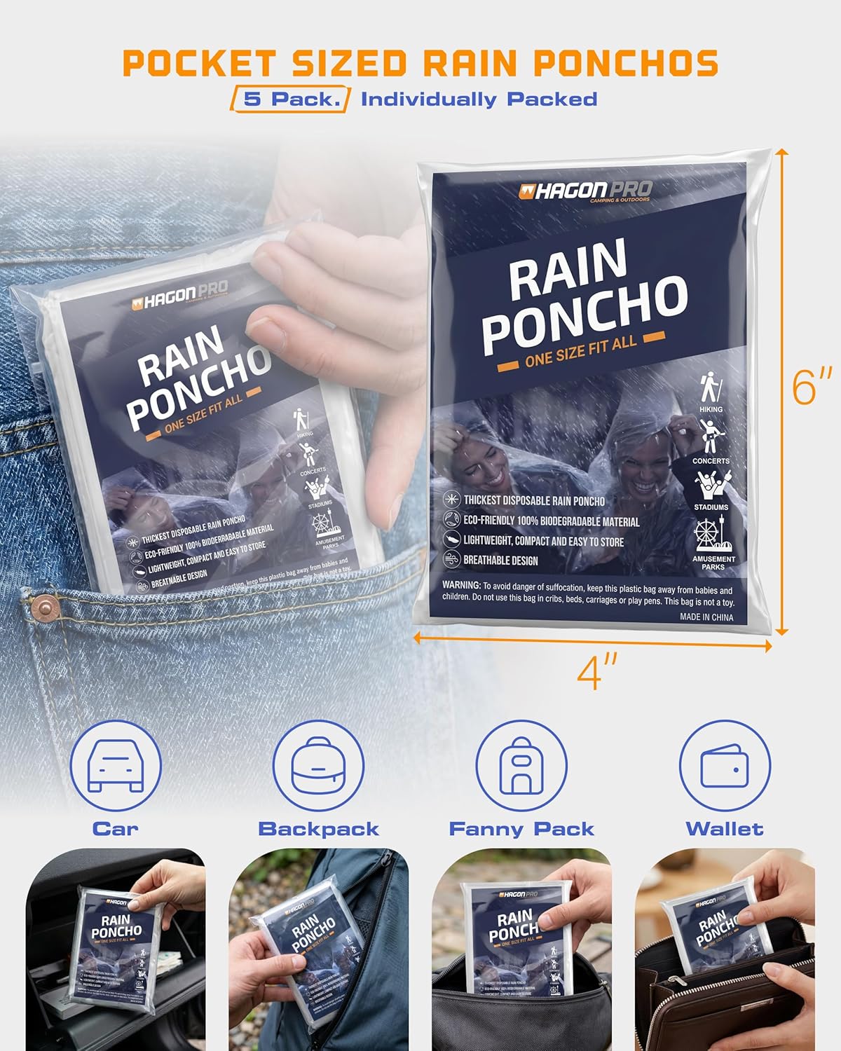 Hagon PRO Disposable Rain Ponchos for Adults (5 Pack) - Image 3