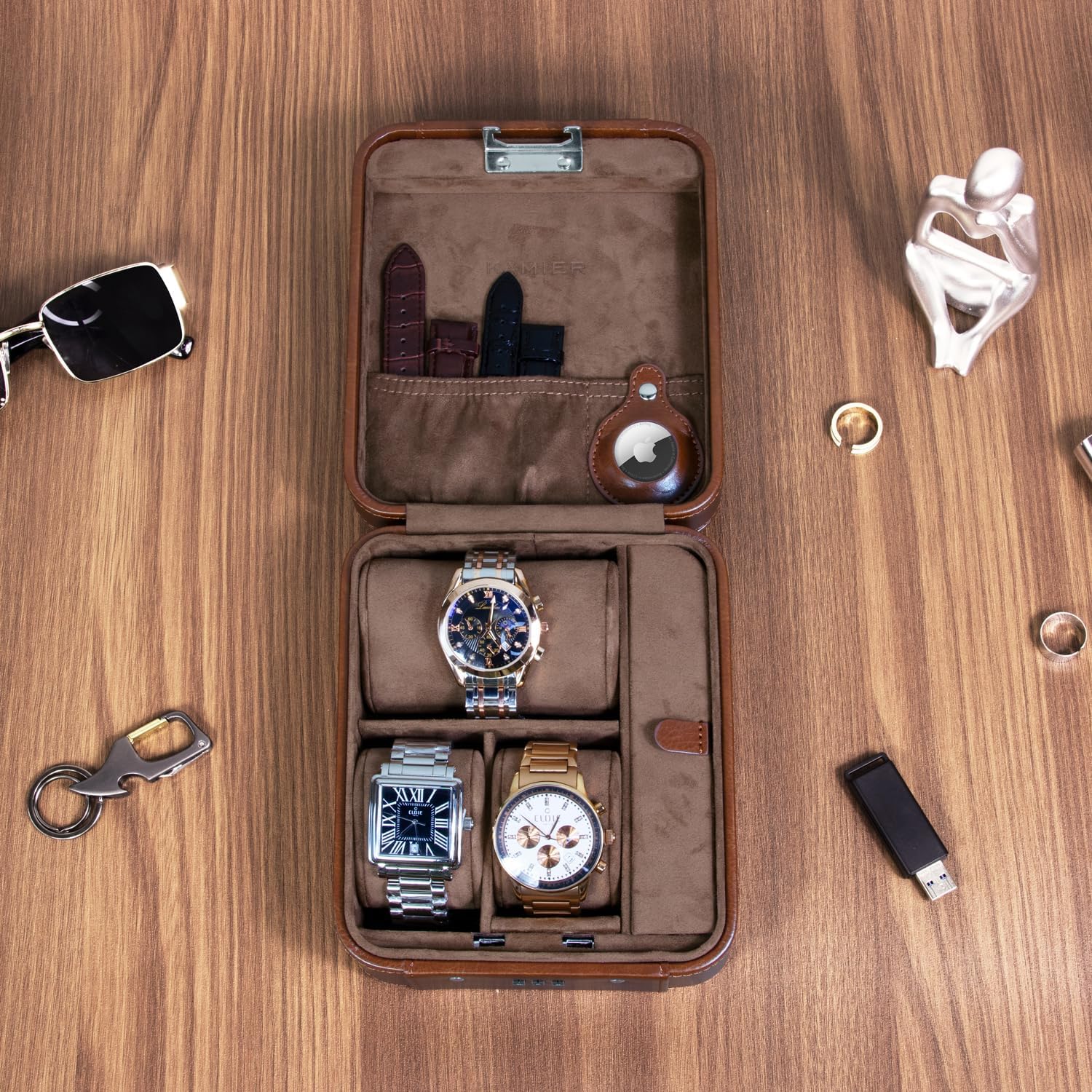 KAMIER Watch Case with Combination Lock - 4 Watch Storage and Jewelry Organizer - Watch Travel Case for Ring and Watch Storage, PU Leather Travel Watch Case, Ideal for Gift (With Gift Box), Brown - Image 3